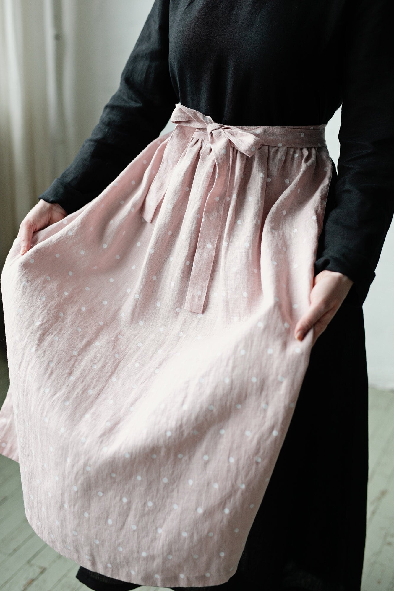 Pink Polka Dot Festive Apple Linen Apron