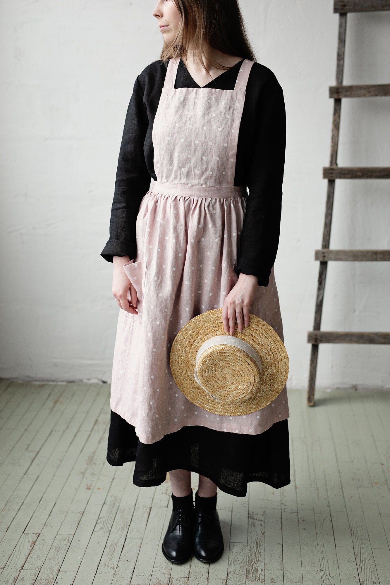 Pink Polka Dot Festive Midi Cross Back Linen Pinafore