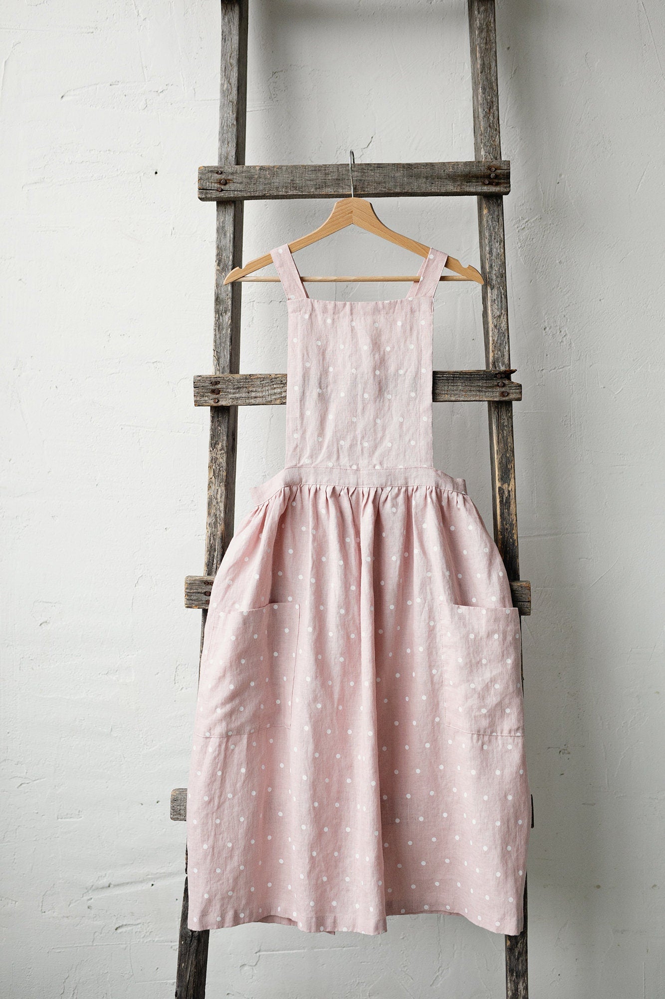 Pink Polka Dot Festive Midi Cross Back Linen Pinafore