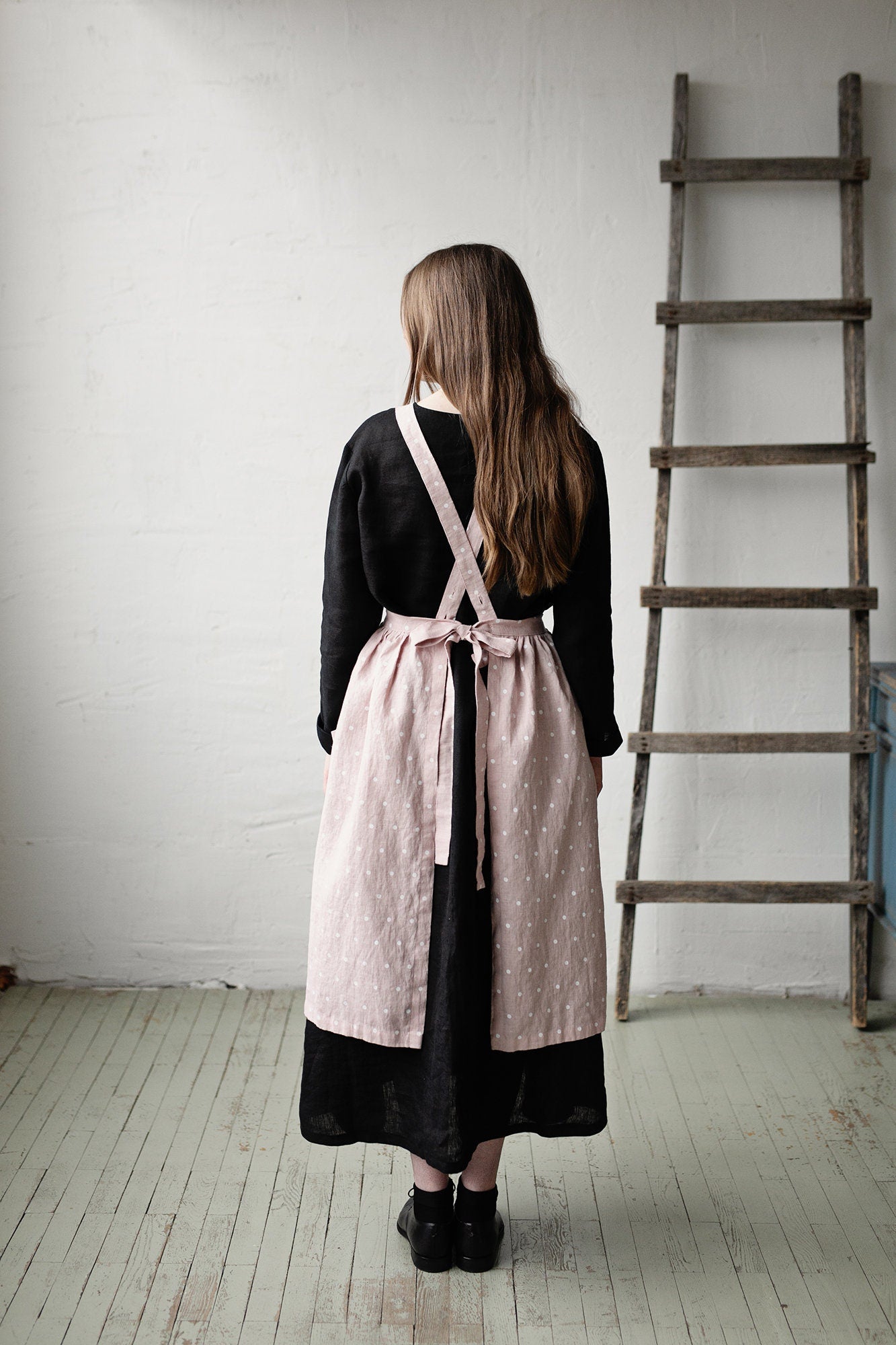 Pink Polka Dot Festive Midi Cross Back Linen Pinafore