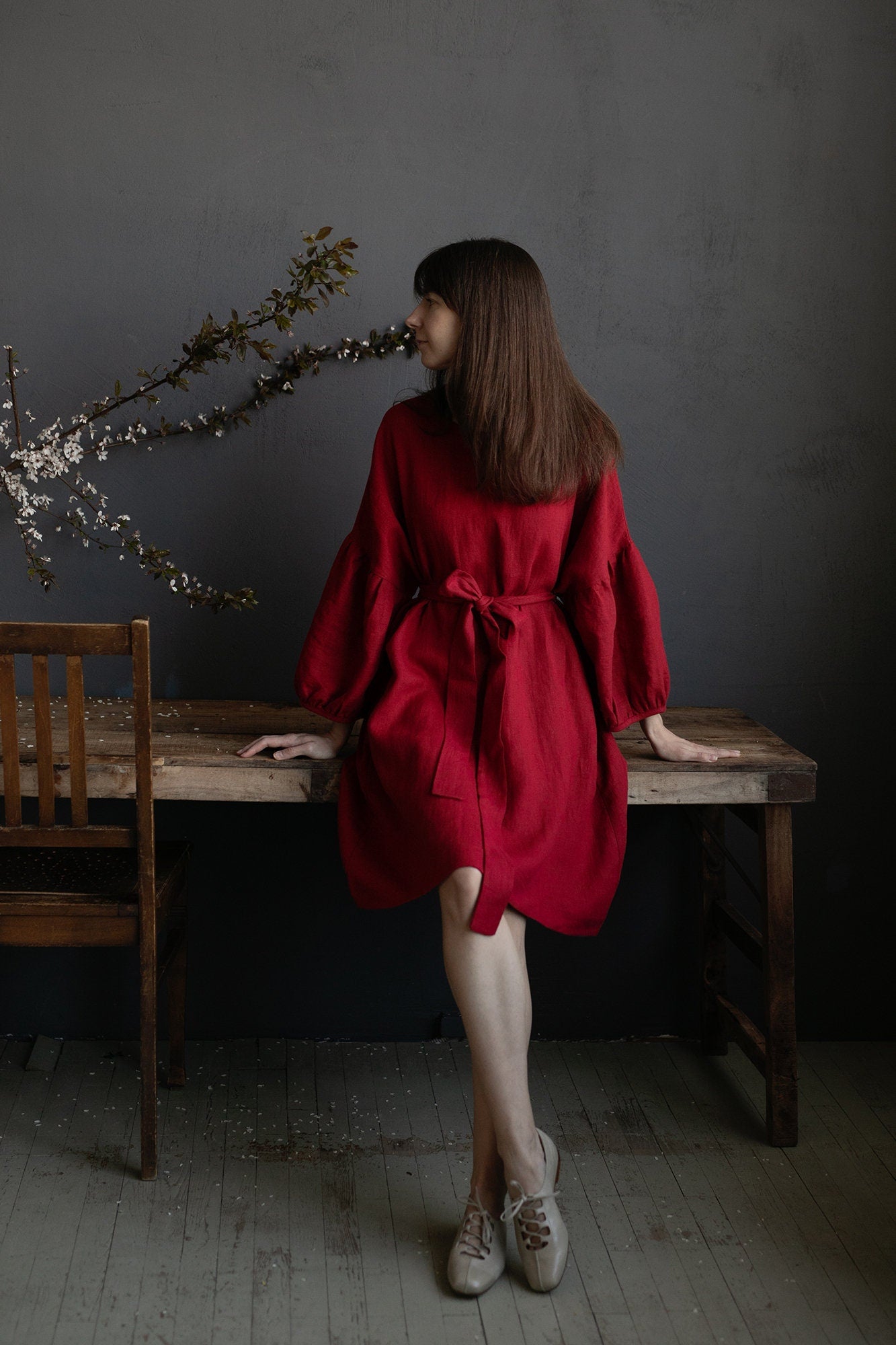 cherry red linen dress Red Linen Midi Dress