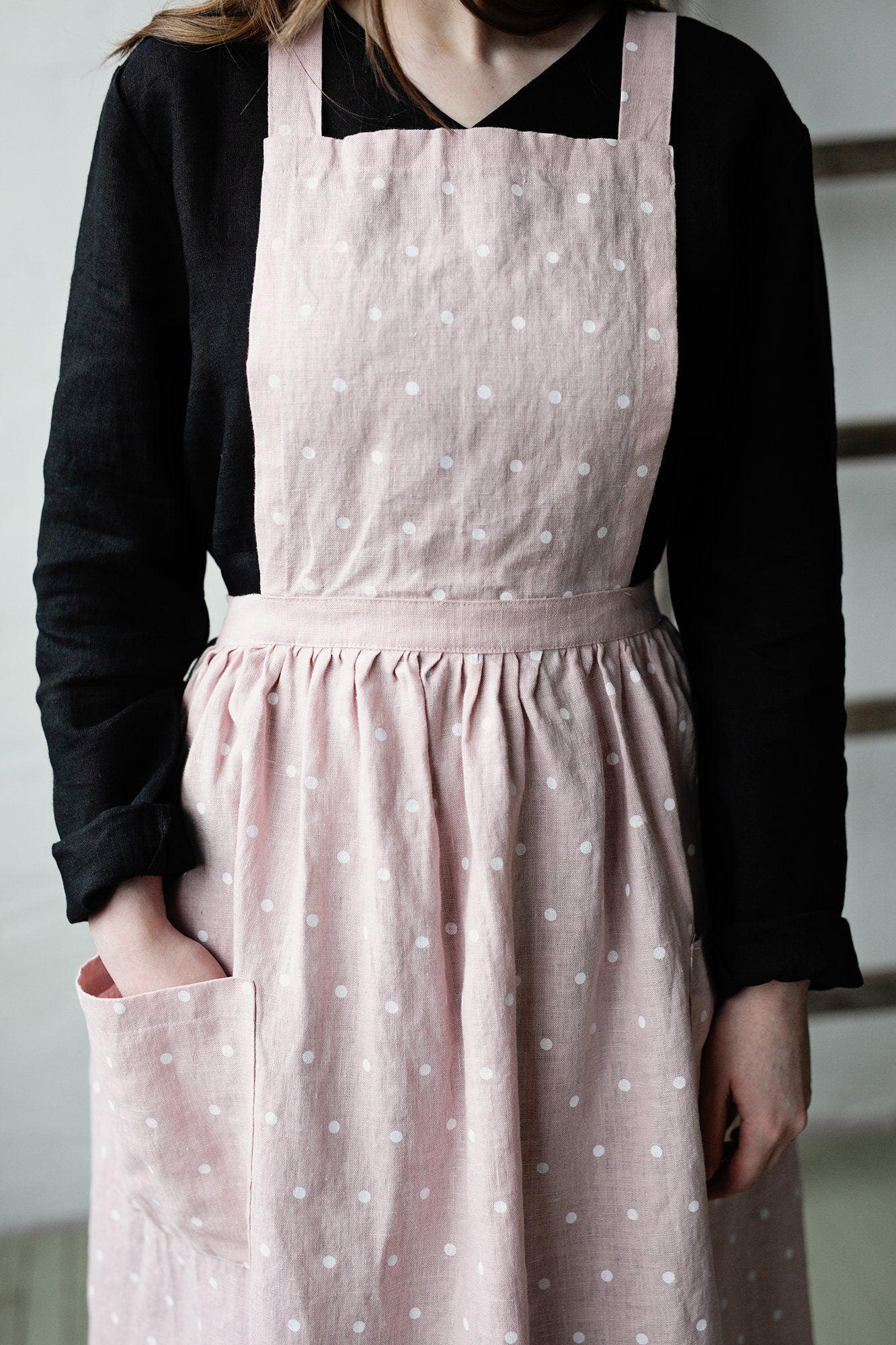 Pink Polka Dot Festive Midi Cross Back Linen Pinafore