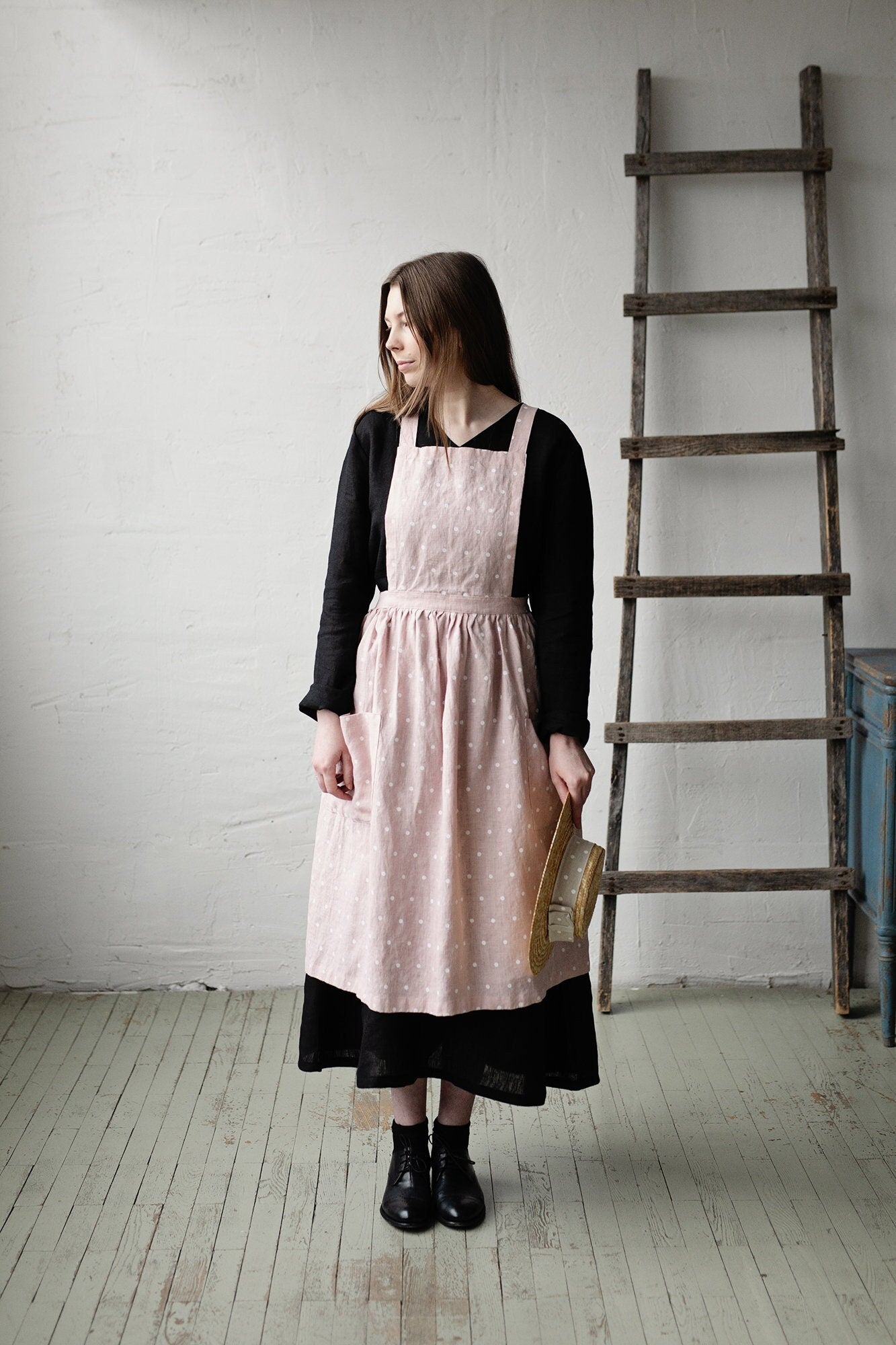 Pink Polka Dot Festive Midi Cross Back Linen Pinafore