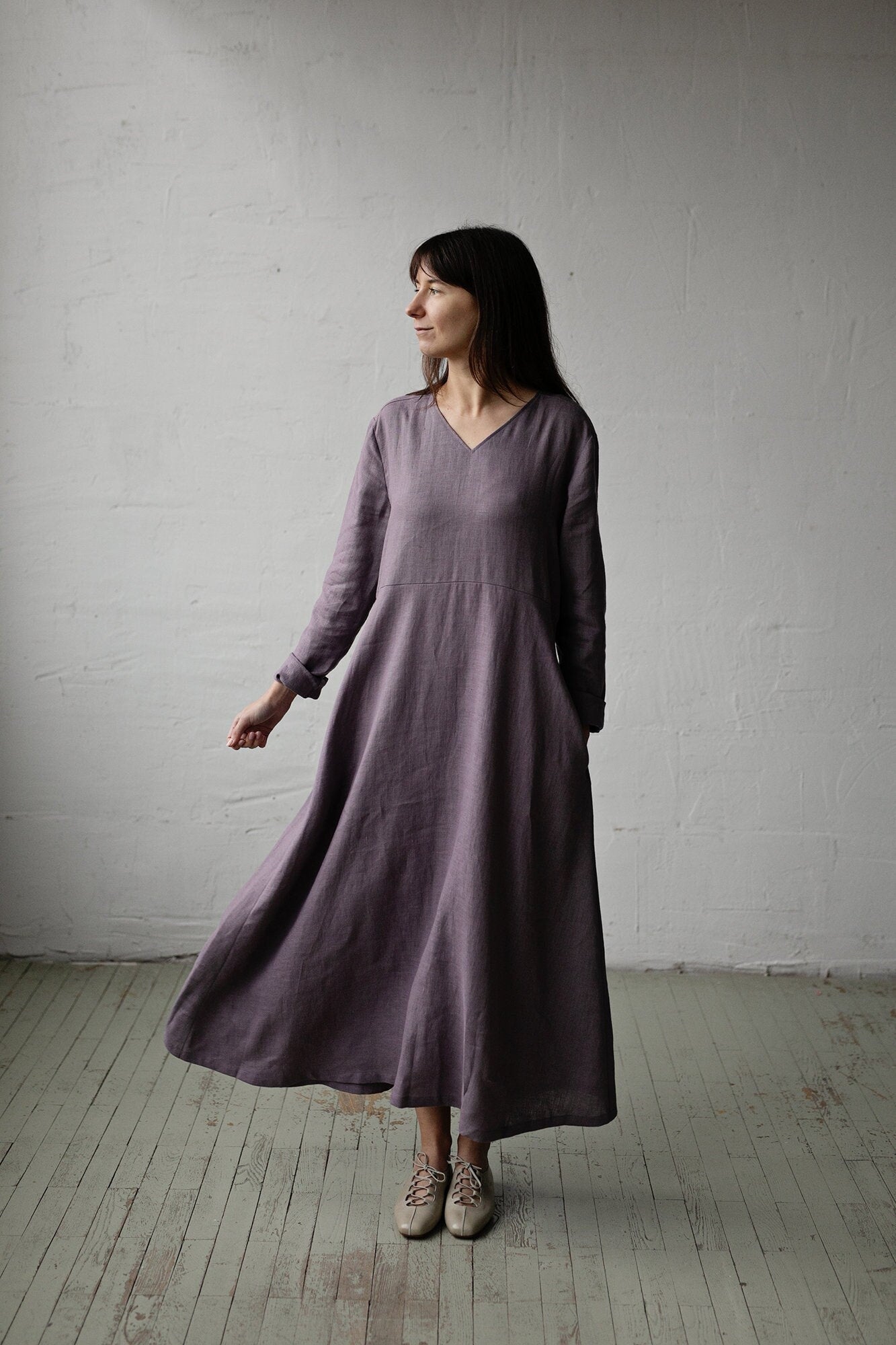 mauve linen dress Women's Lilac Linen Dress - Round Neck Linen Tunic with Princess Seams, Long Sleeve
