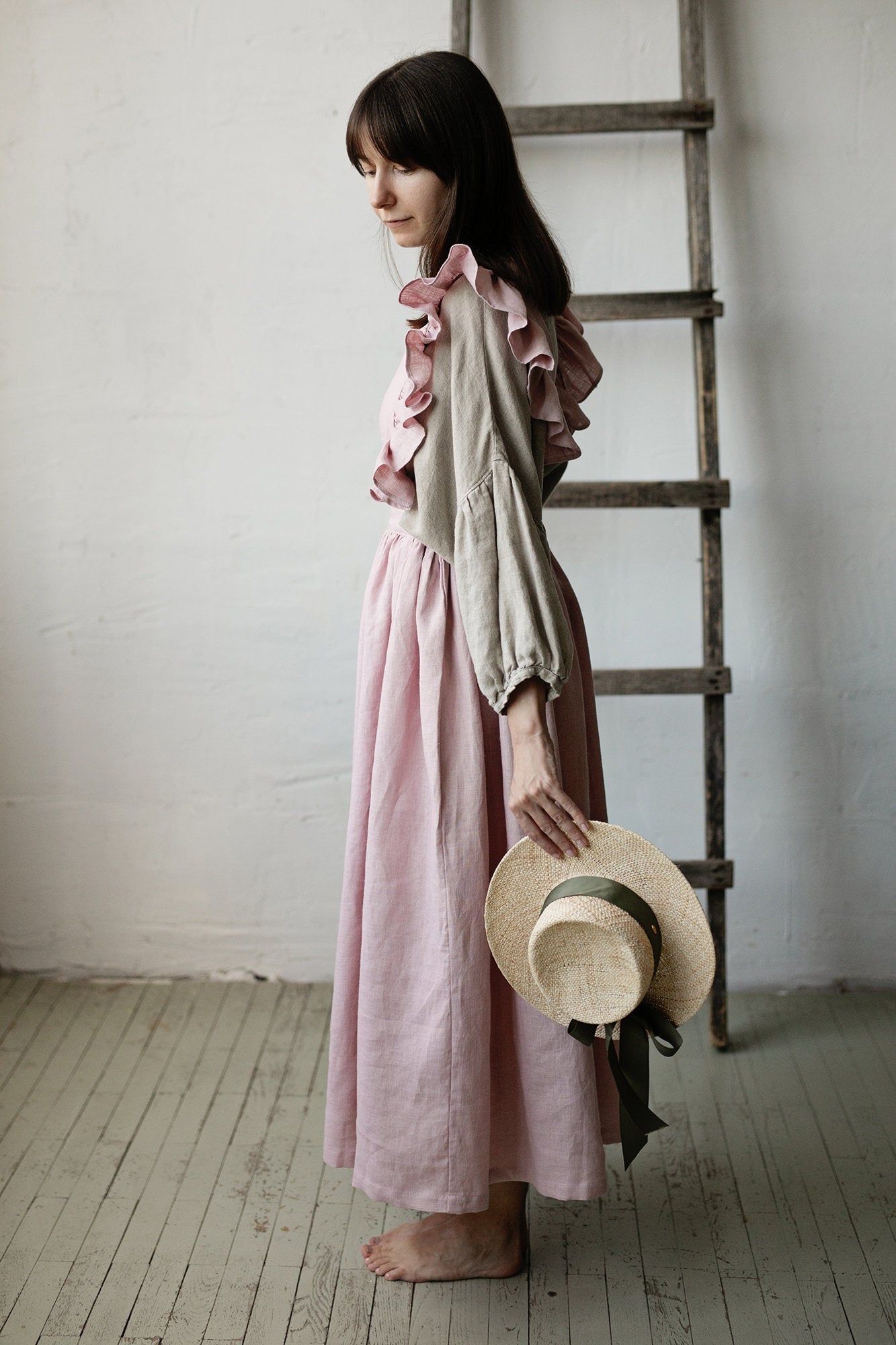 fitted lace wedding dress ELONA maxi linen summer dress in dusty pink – • unlined • main image 1
