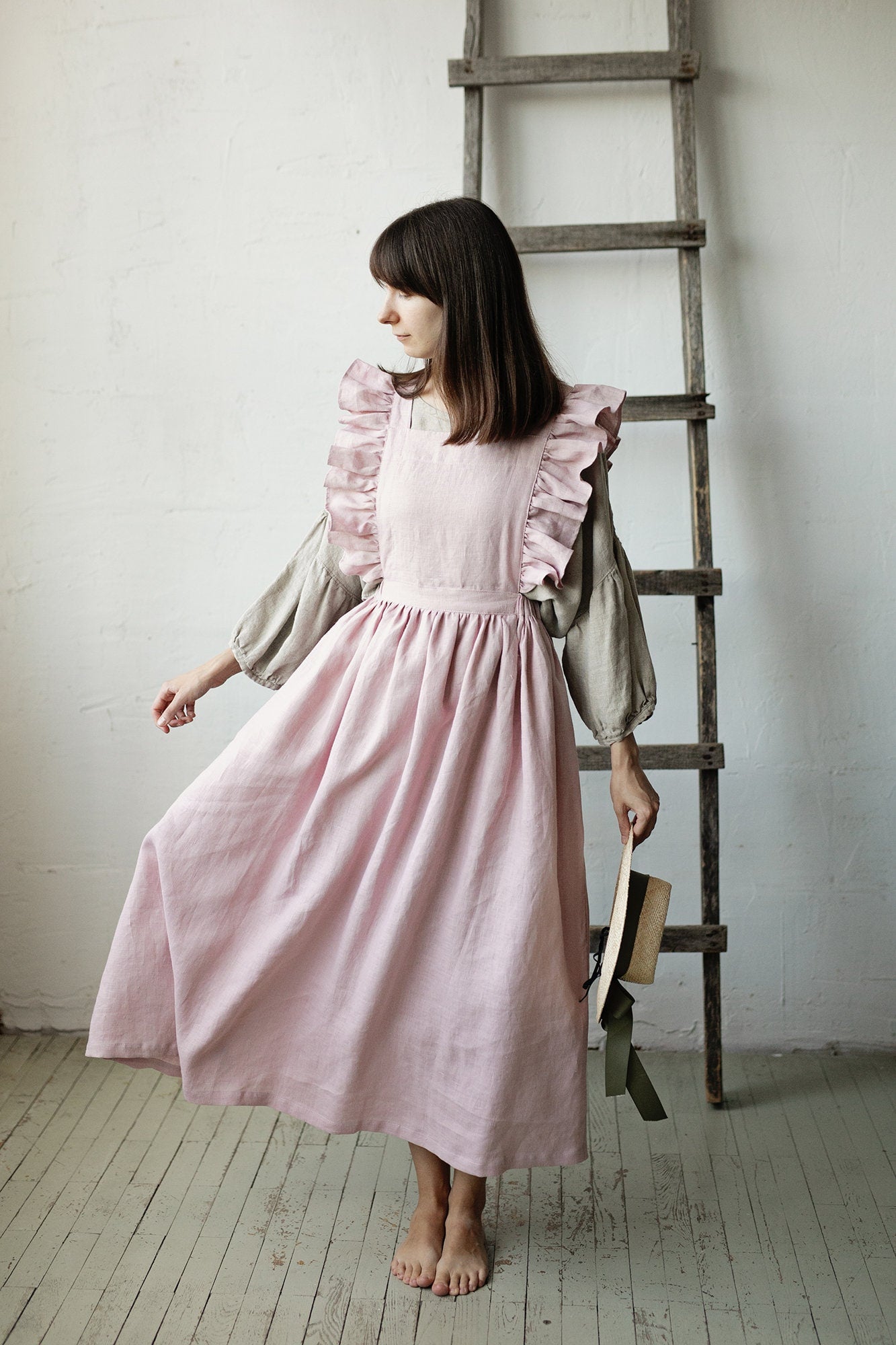 knee length dresses for ladies Long Powder-Colored Linen Dress With Embroidery main image 1
