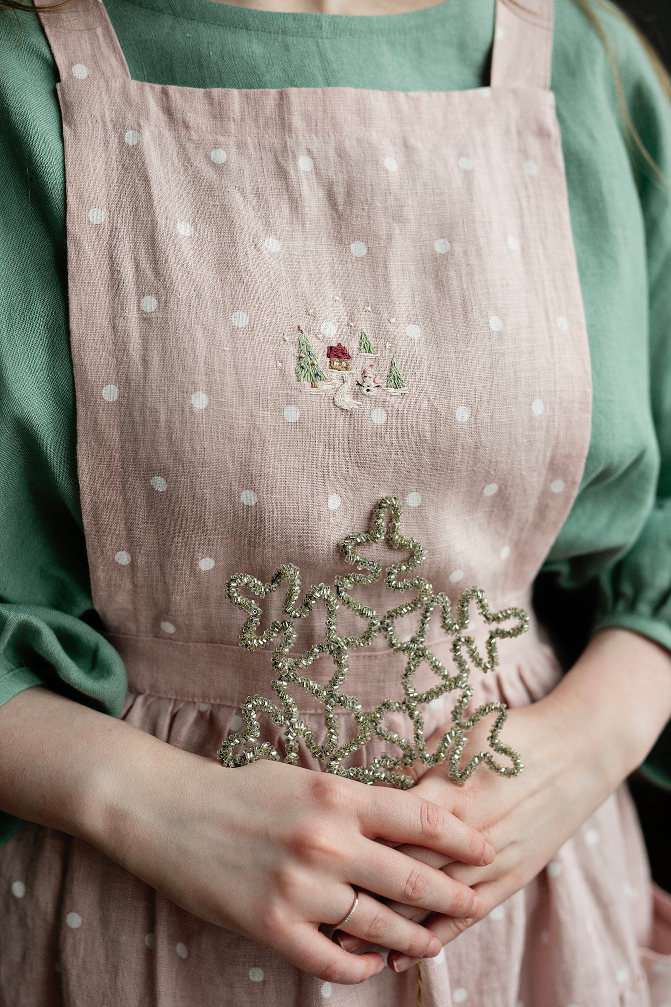 Pink Polka Dot Christmas Midi Cross Back Linen Pinafore