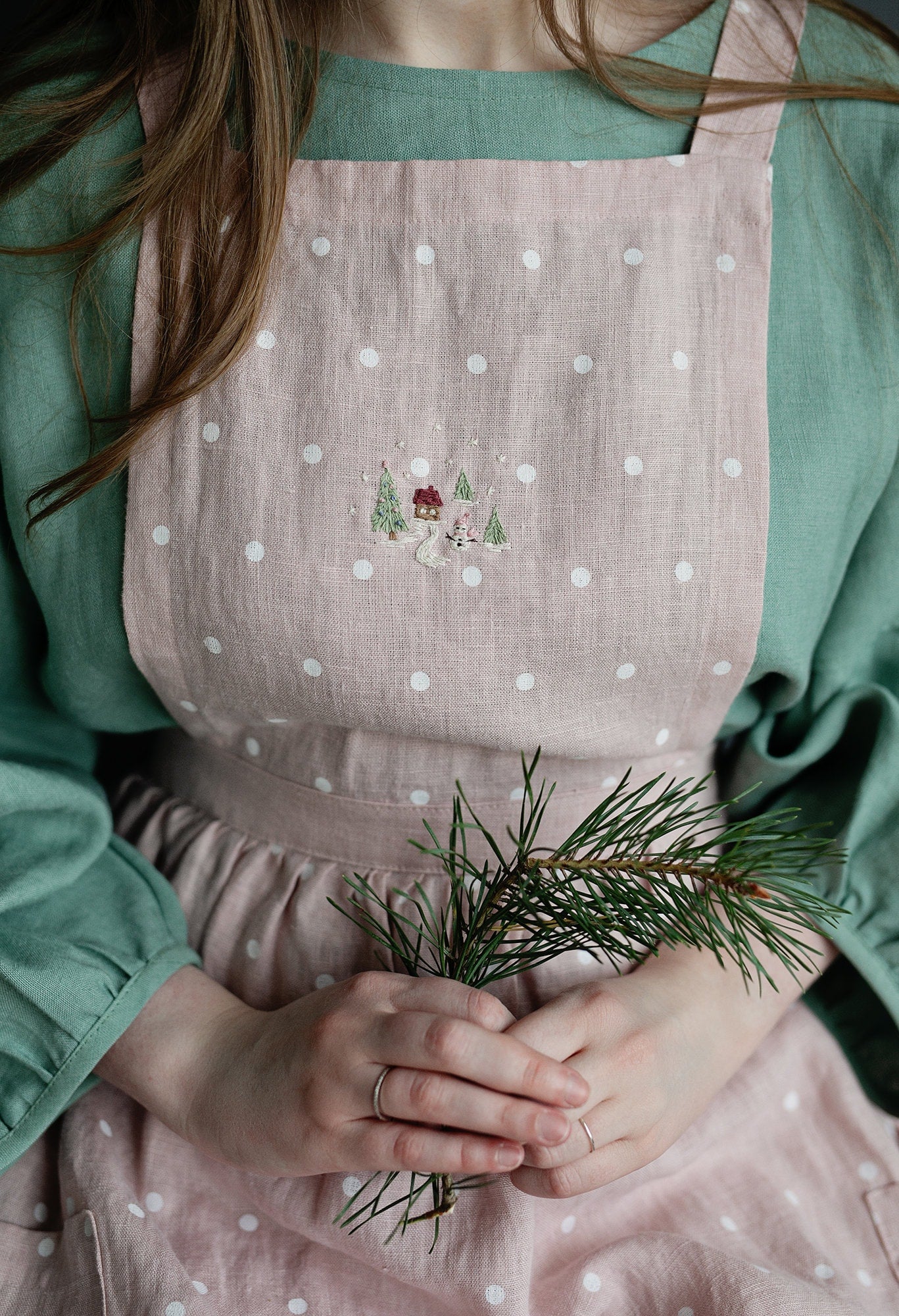 Pink Polka Dot Christmas Midi Cross Back Linen Pinafore
