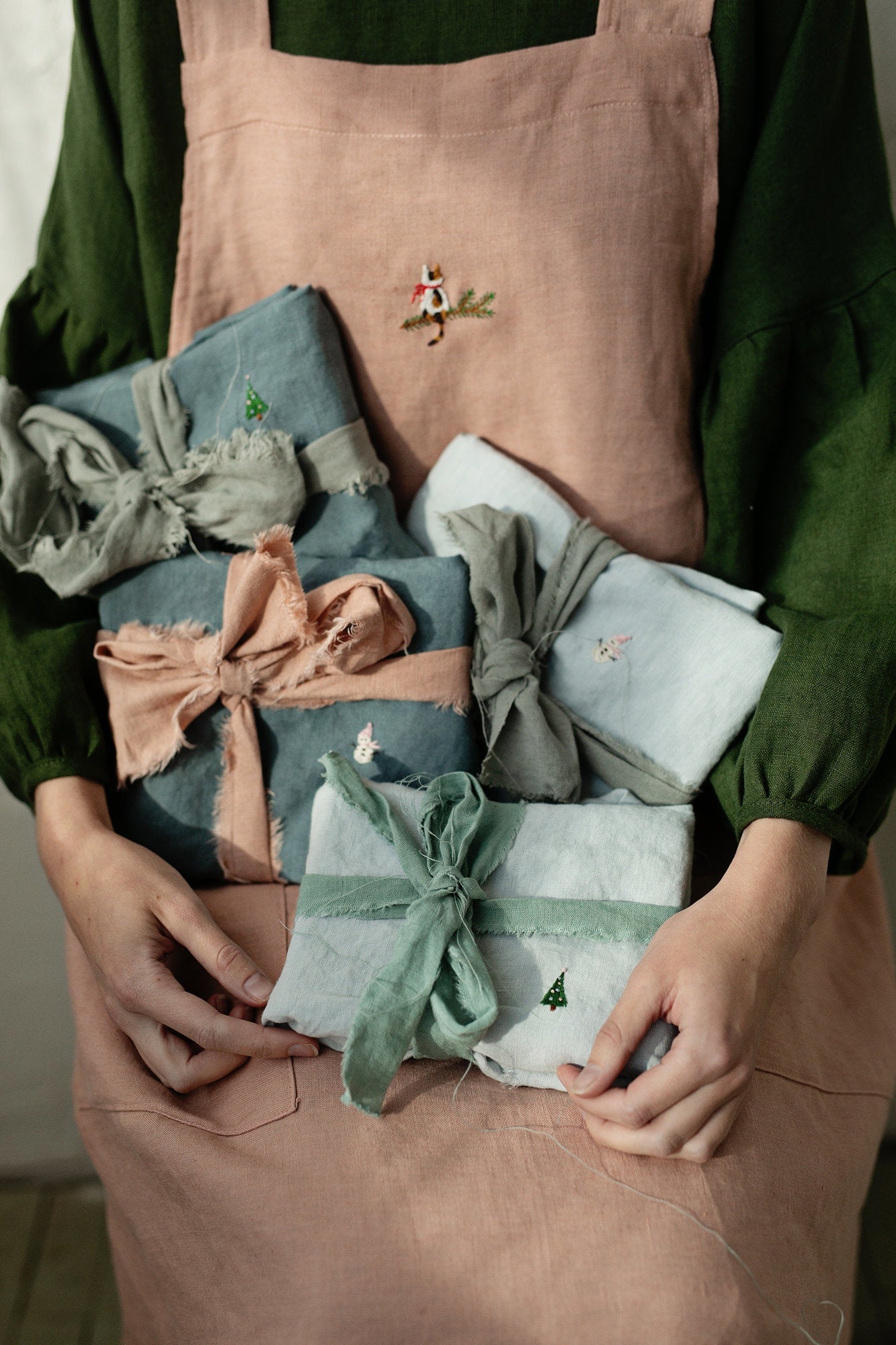 Set of 2 Petrol Blue Linen Tea Towel Gift Wrap allthebeautifullinen