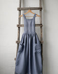 Dusty Blue Long Cross Back Linen Pinafore