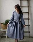 Dusty Blue Long Cross Back Linen Pinafore