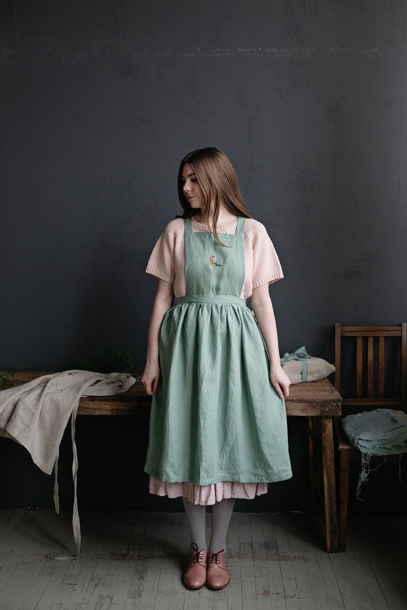 Mint Christmas Midi Cross Back Linen Pinafore