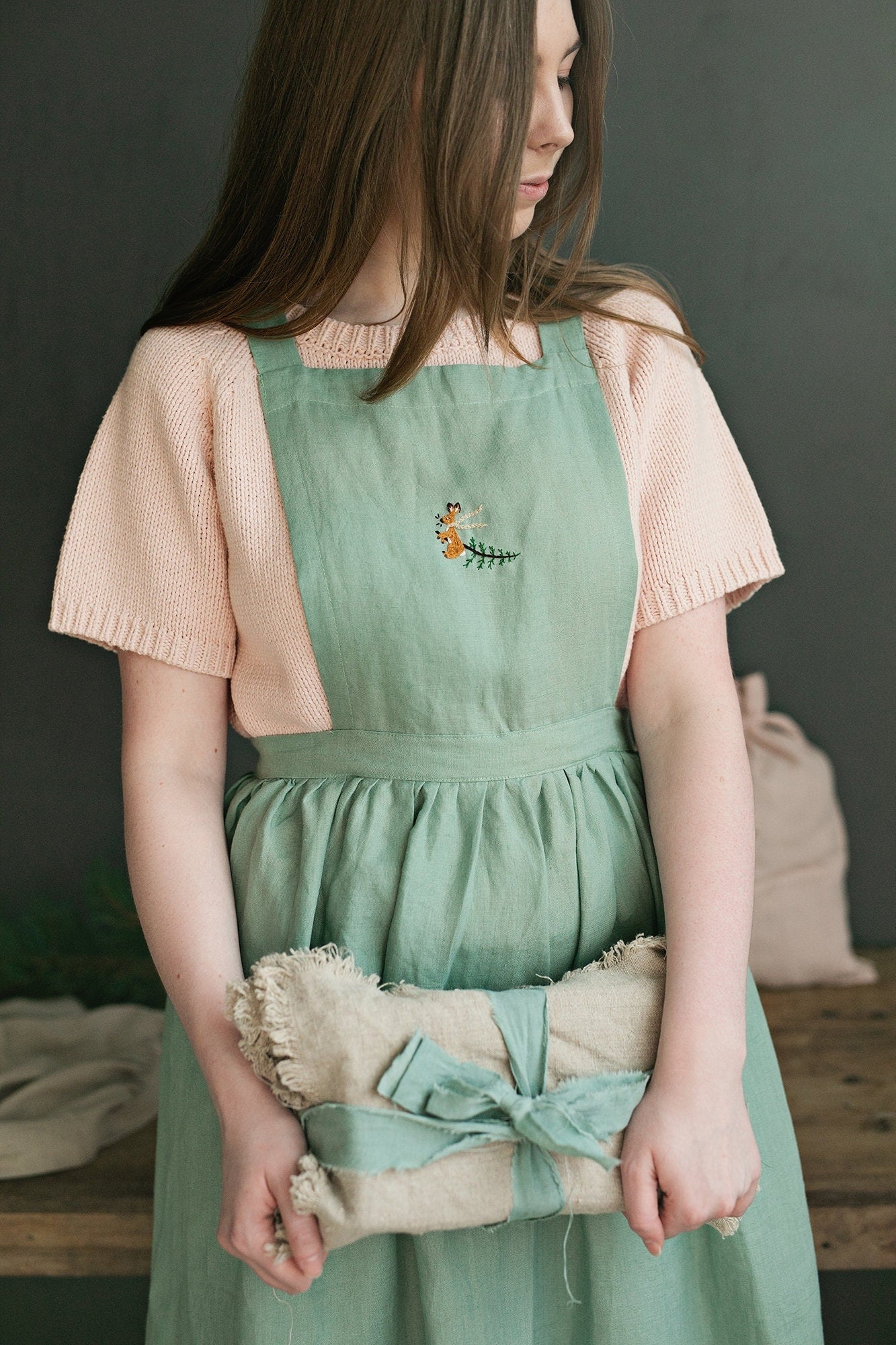 Mint Christmas Midi Cross Back Linen Pinafore