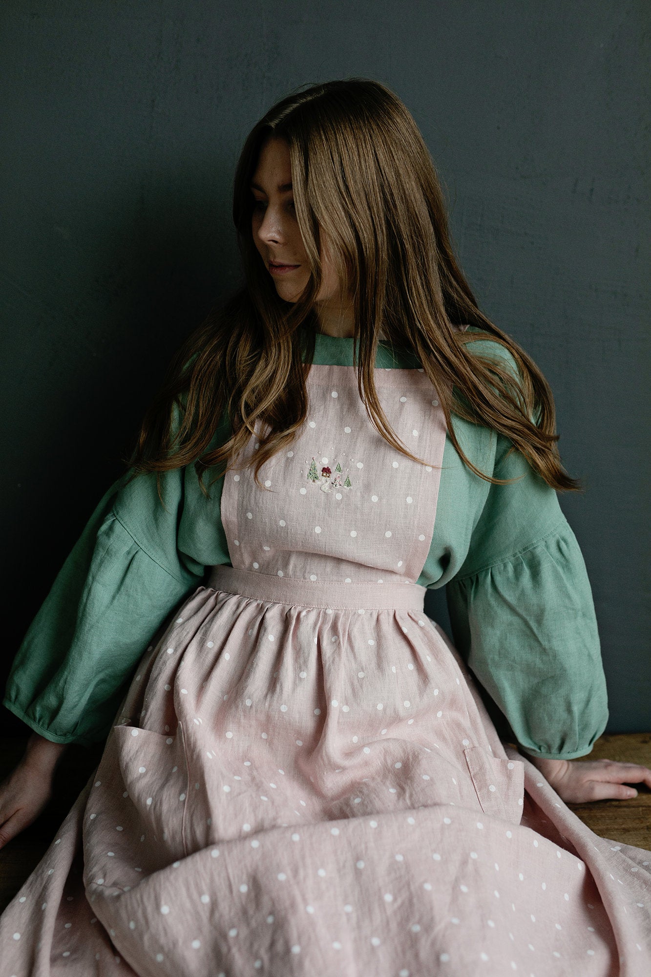 Pink Polka Dot Christmas Midi Cross Back Linen Pinafore
