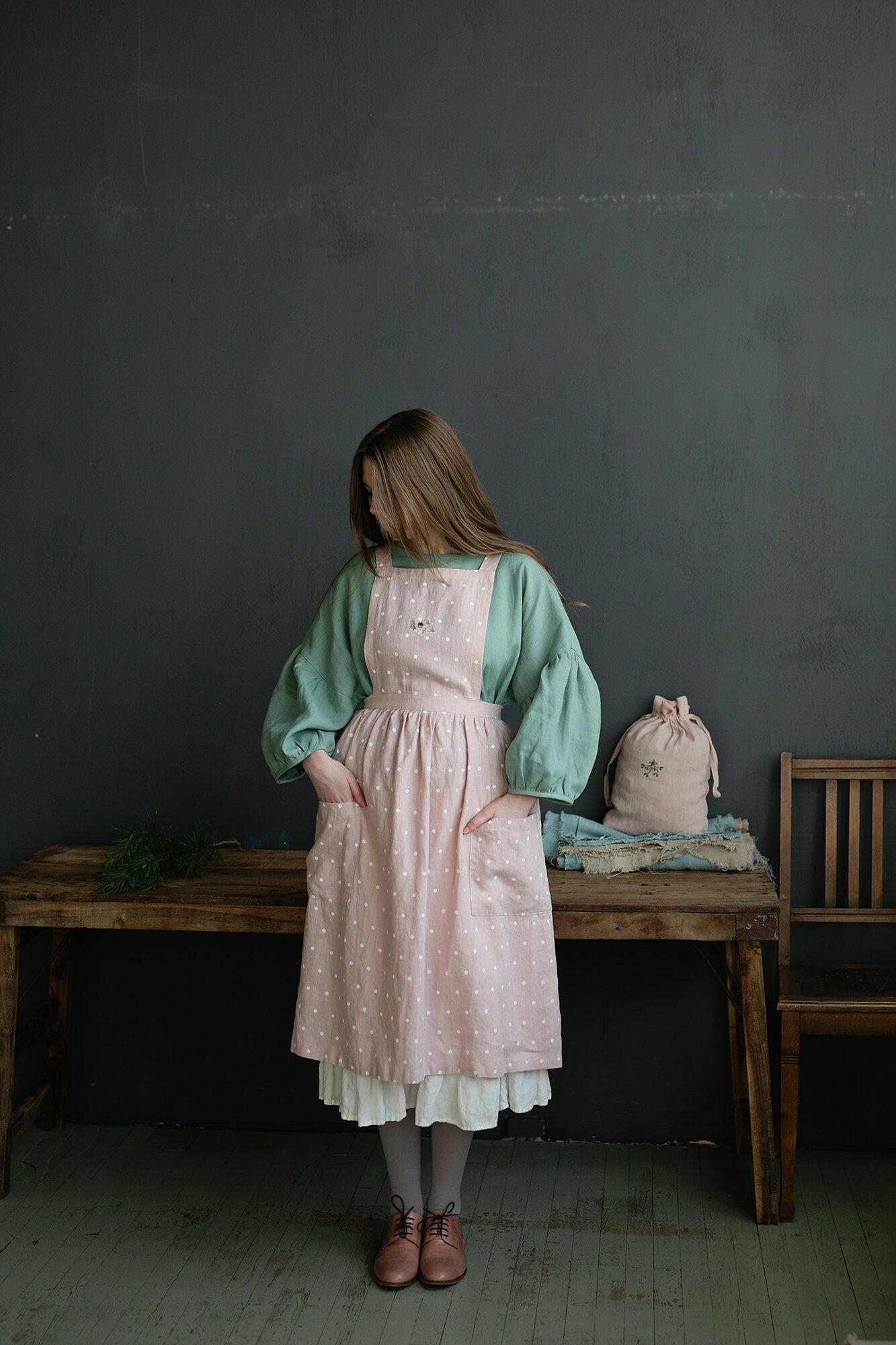 Pink Polka Dot Christmas Midi Cross Back Linen Pinafore