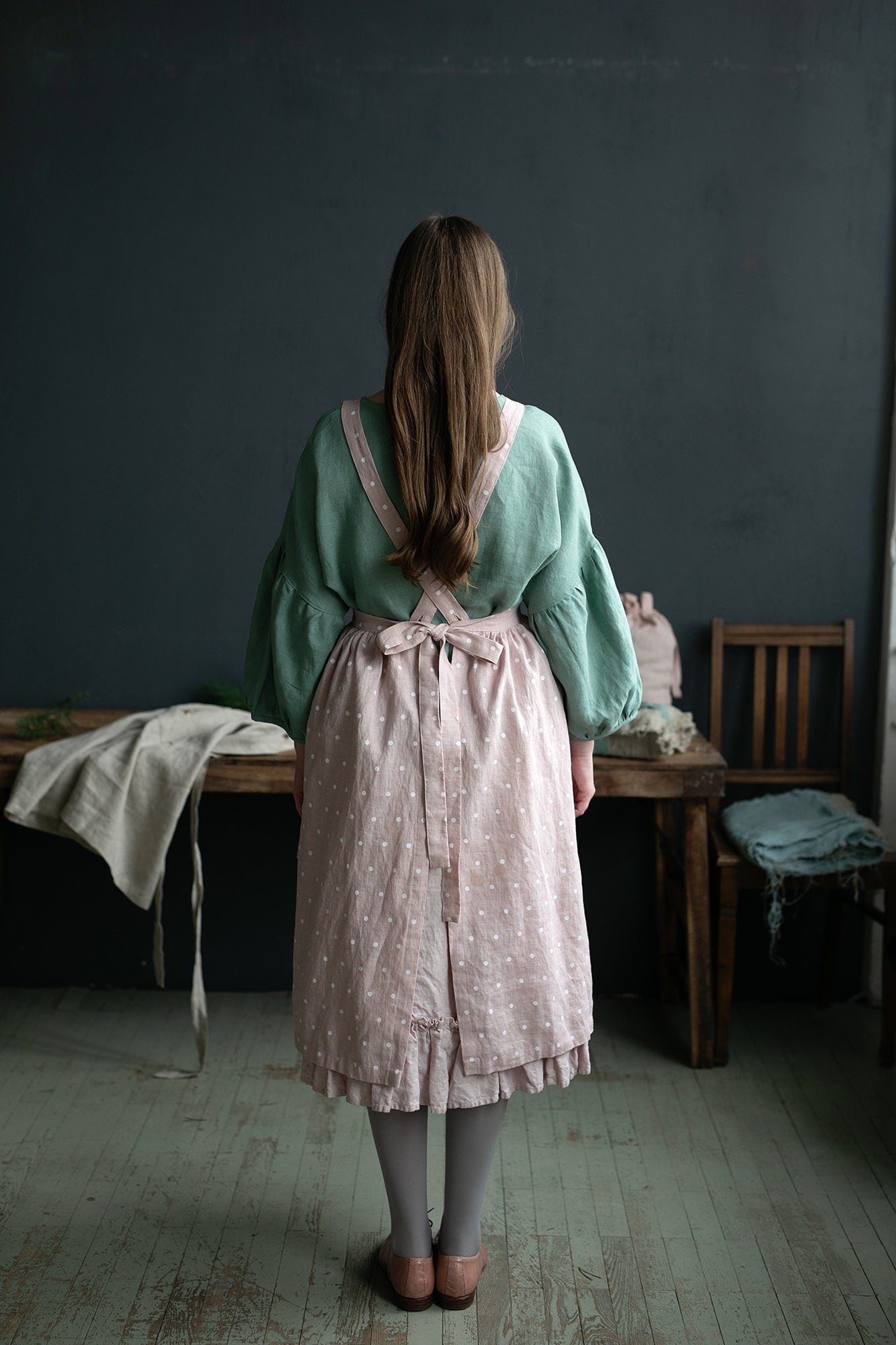 Pink Polka Dot Christmas Midi Cross Back Linen Pinafore