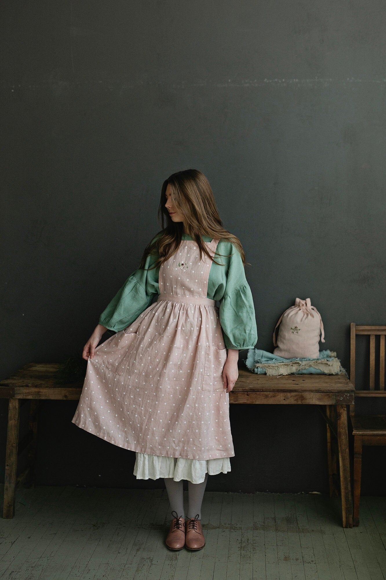 Pink Polka Dot Christmas Midi Cross Back Linen Pinafore