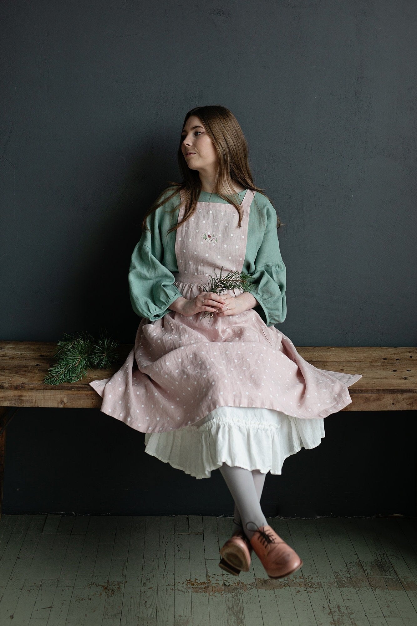 Pink Polka Dot Christmas Midi Cross Back Linen Pinafore