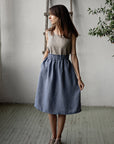 Dusty Blue Classic Midi Linen Skirt
