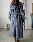 Dusty Blue Long Cross Back Linen Pinafore