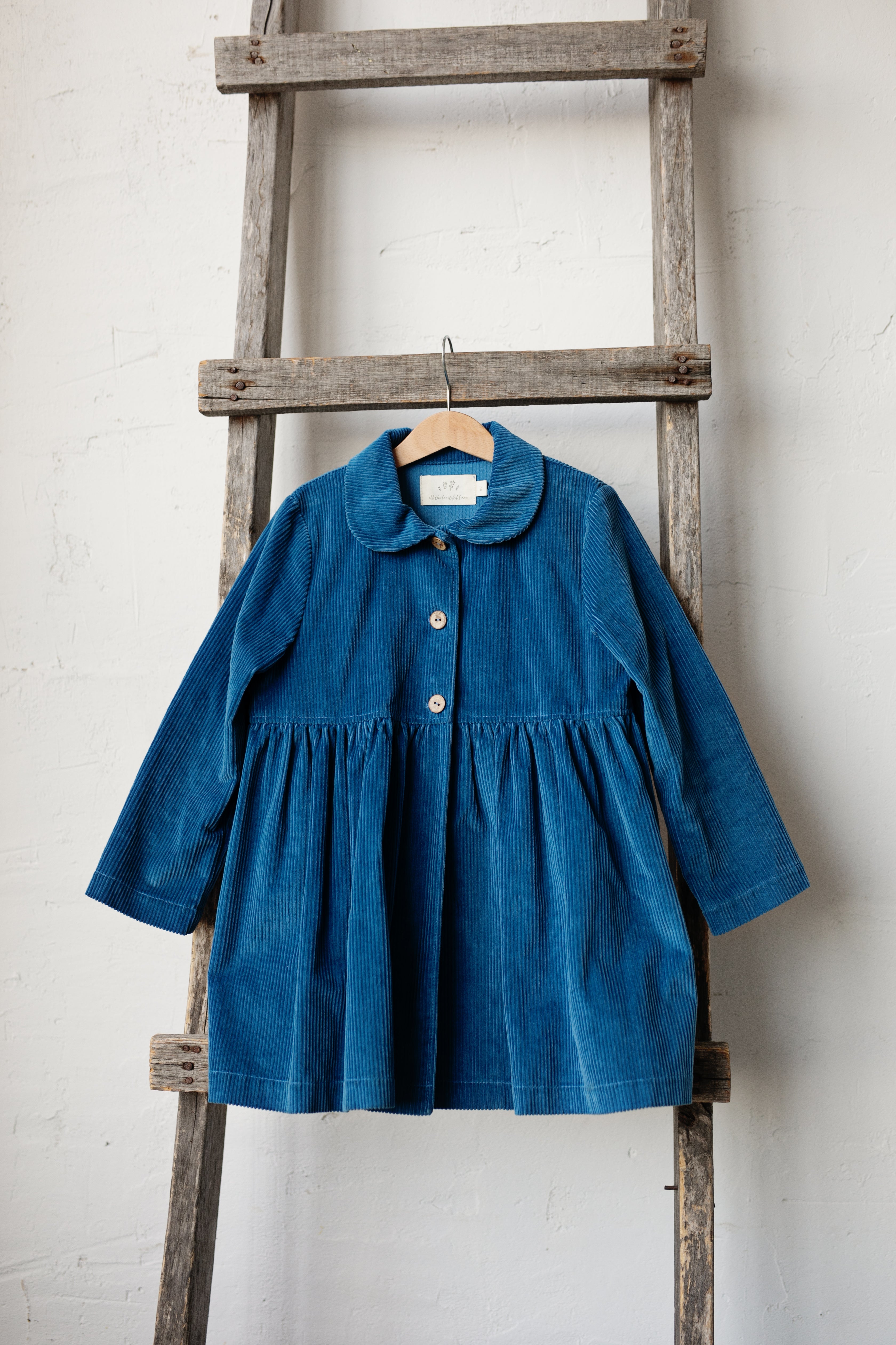 A blue dress with a ruffled collar and buttons is hanging on a wooden ladder against a white wall.