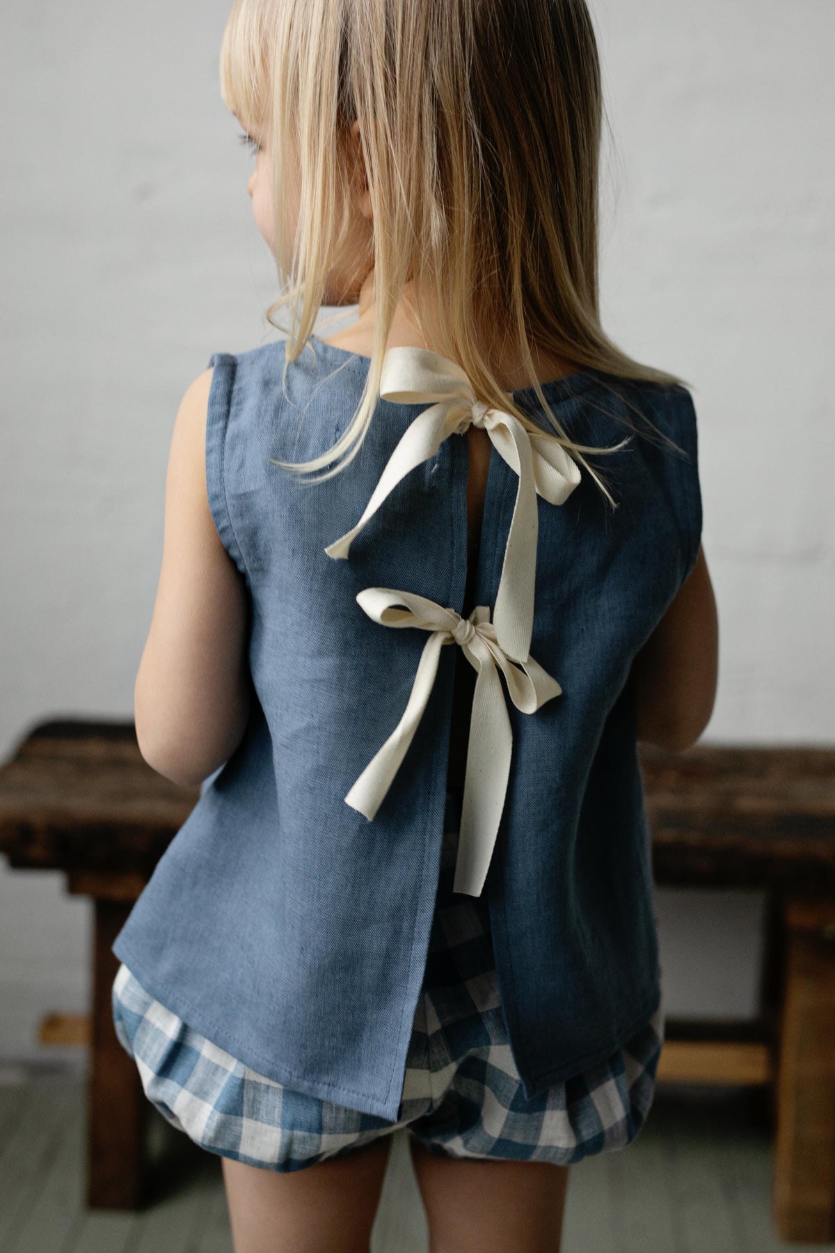 Dusty Blue Ribbon Linen Shirt, 3-4 years, Rabbit on mushrooms embroidery (STOCK)