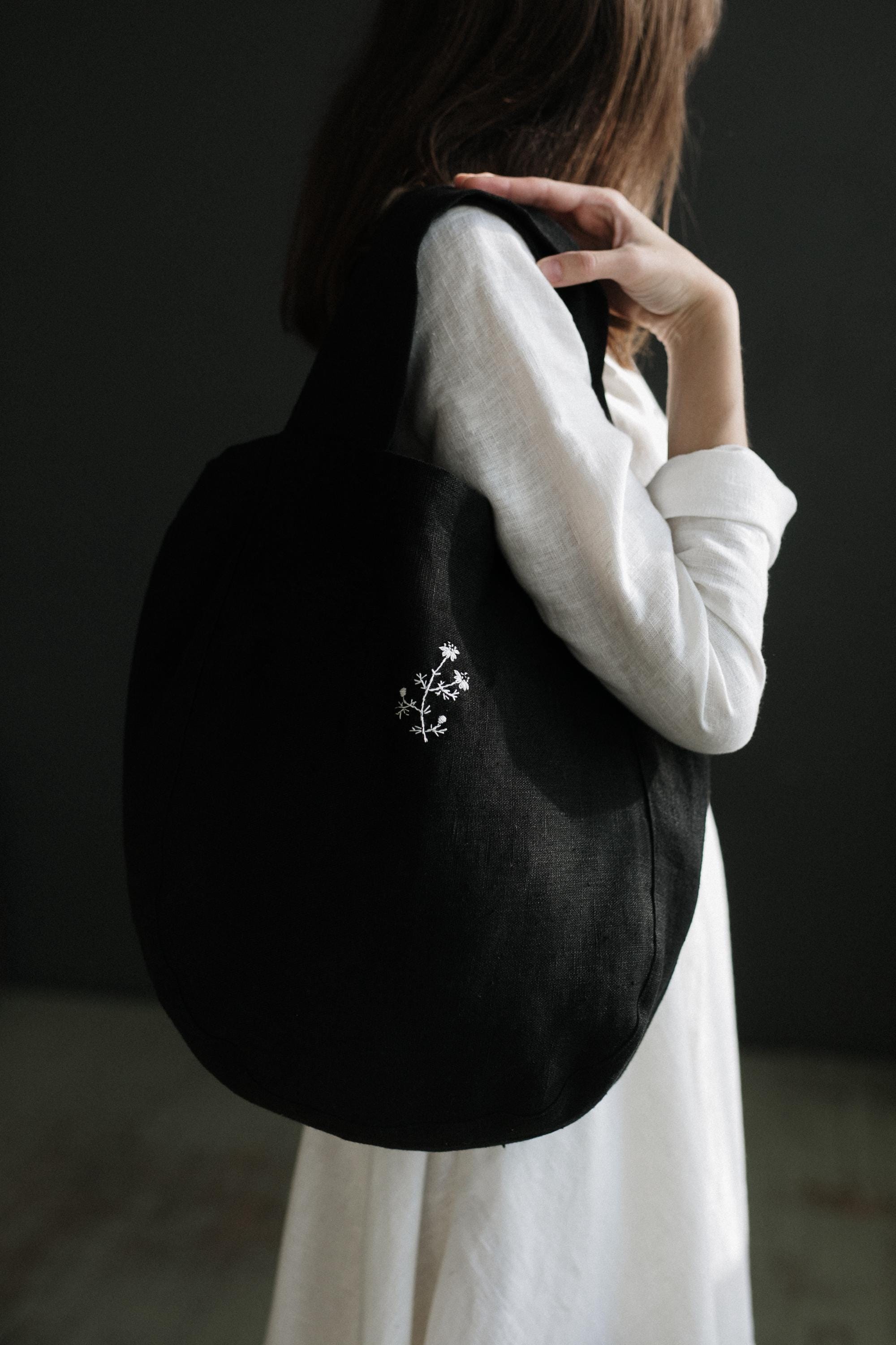 Black Small Round Linen Bag
