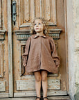 Caramel Linen Tunic Dress, 4-5 years, Two white flowers embroidery (STOCK)