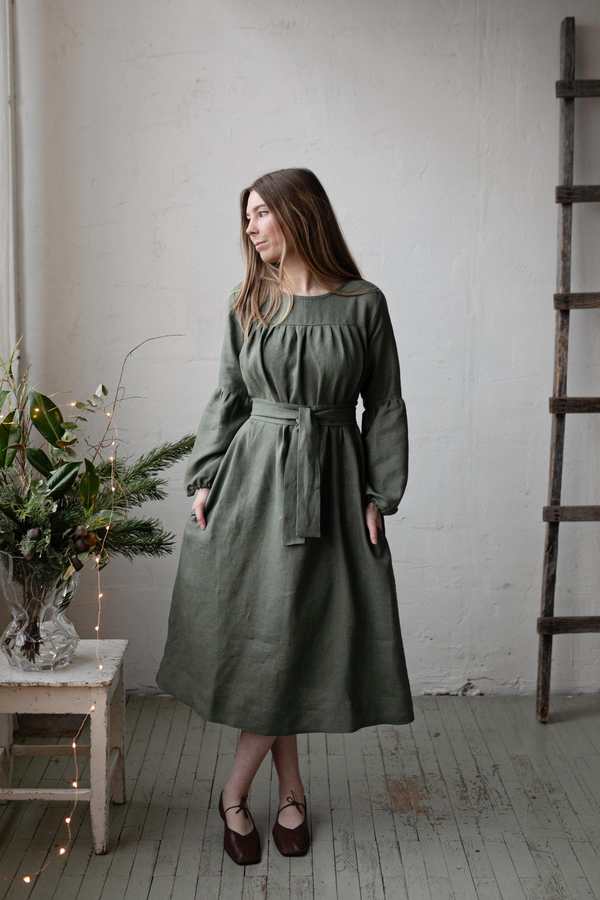 Sage Victorian Linen Dress