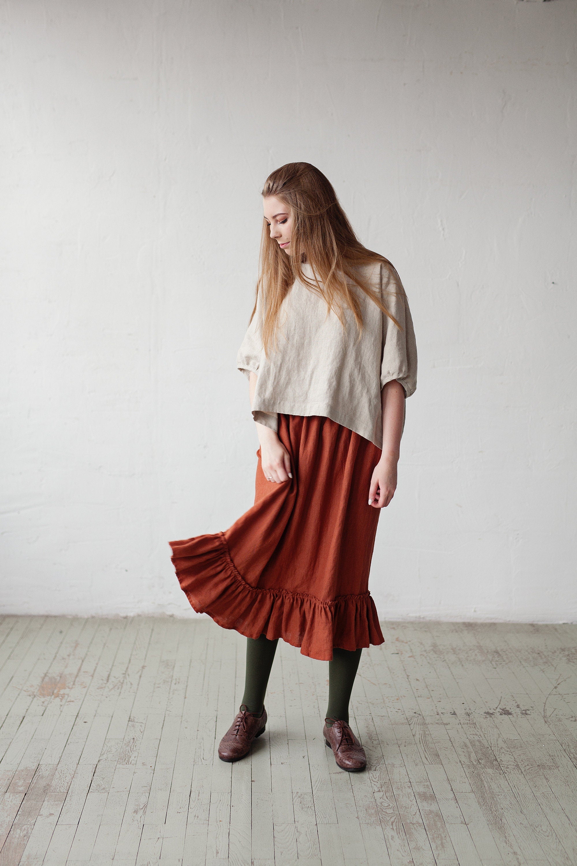 Rust Victorian Linen Skirt, Size XXL (STOCK)