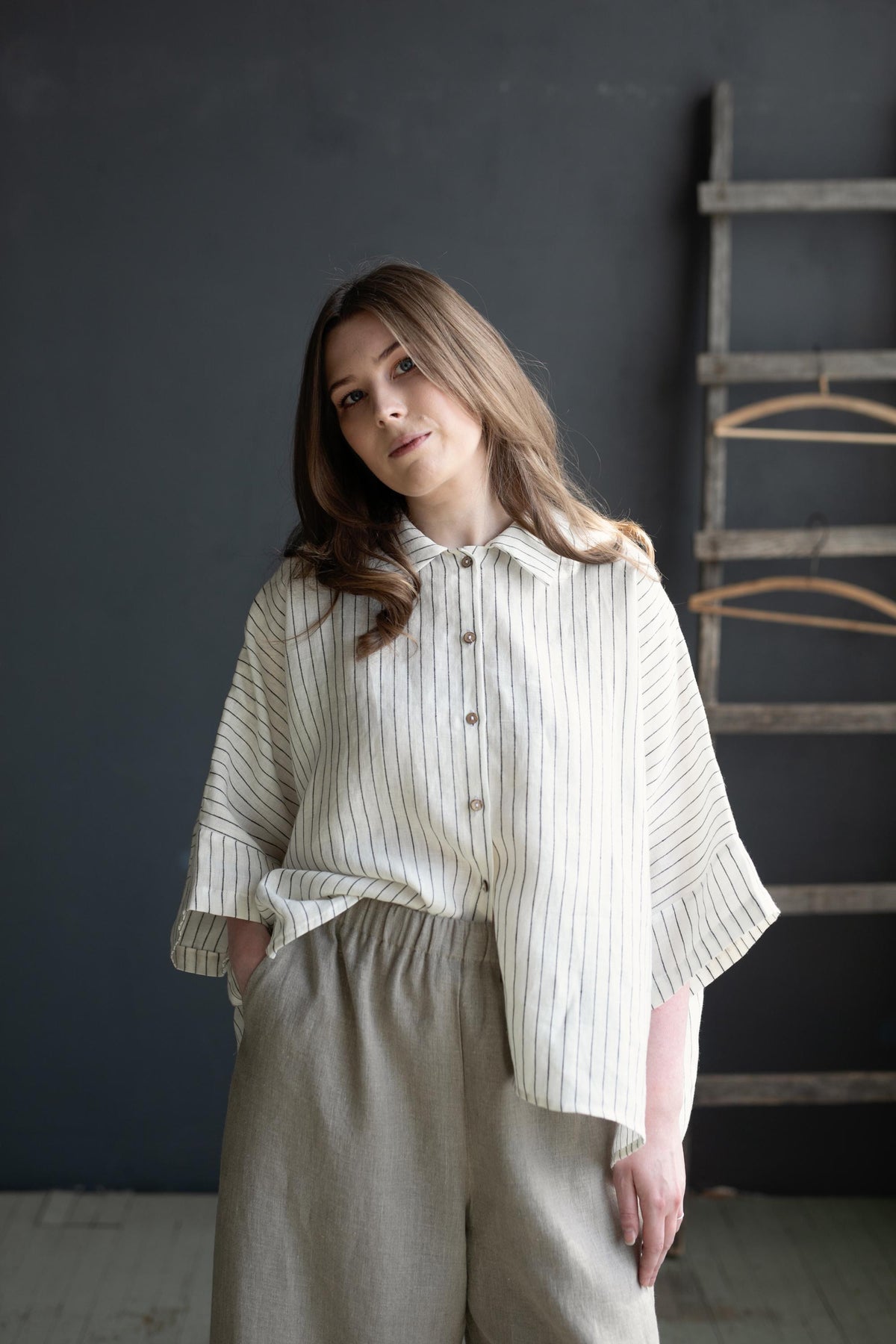 White Stripe 3/4 Linen Shirt