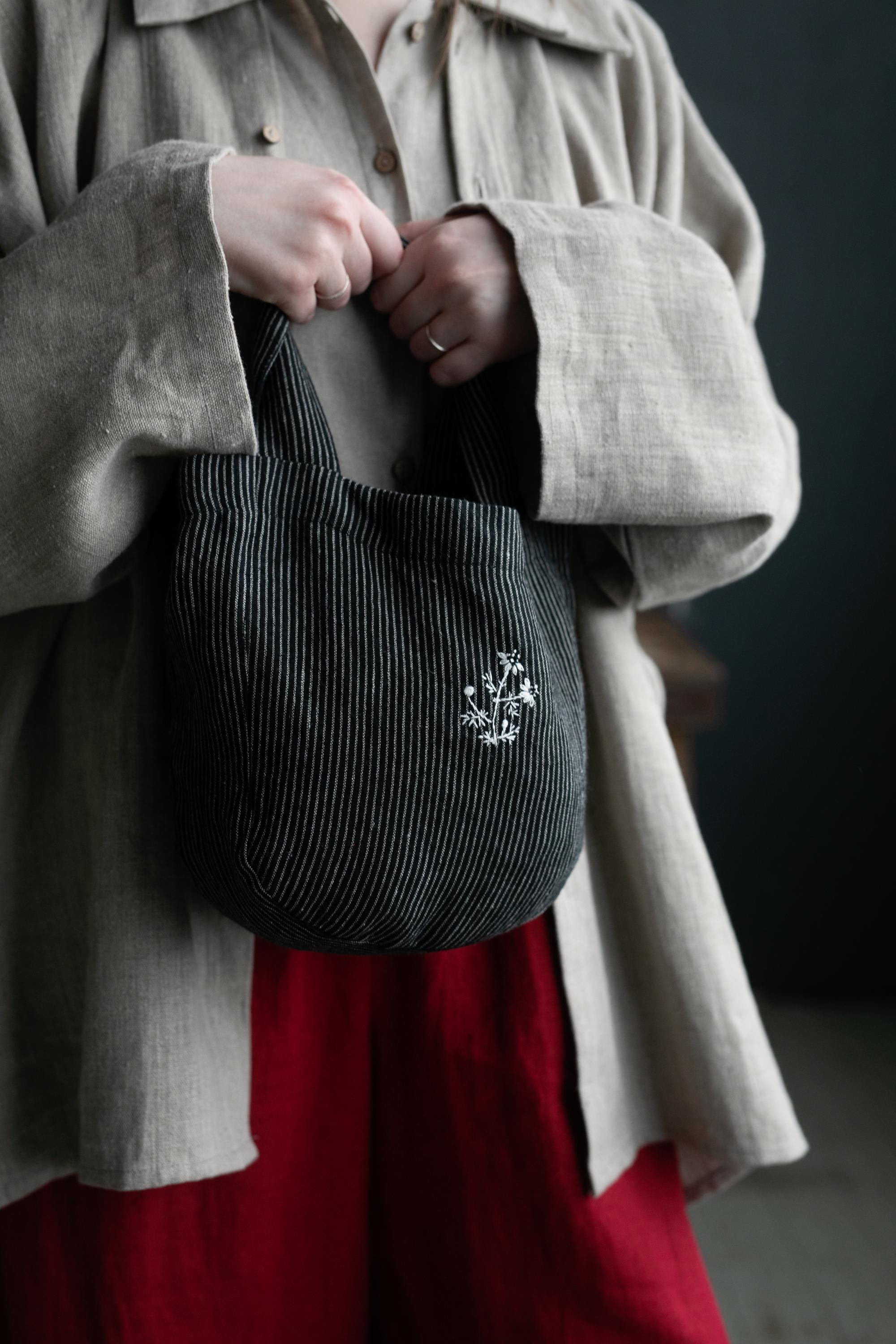 Midnight Stripe Mini Round Linen Bag
