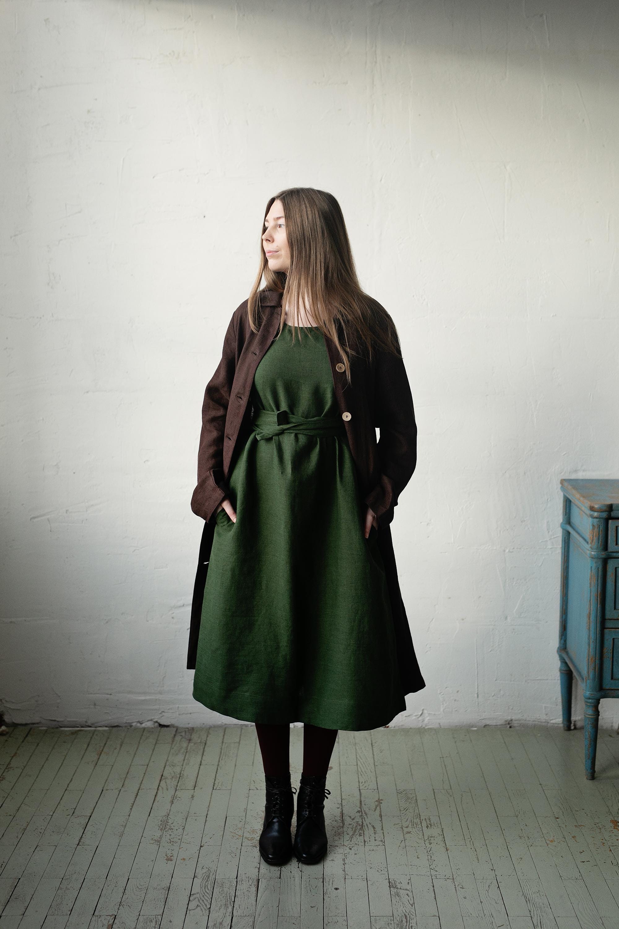 Forest Green Sleeveless Linen Dress, Sizes S &amp; XXL (STOCK)
