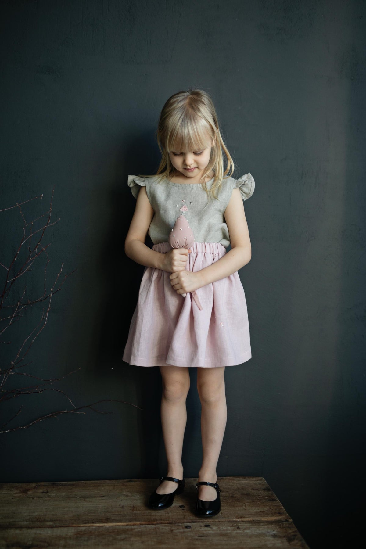 Natural Linen Shirt with Wings, Size 4-5 years, Pink mushroom embroidery (STOCK)