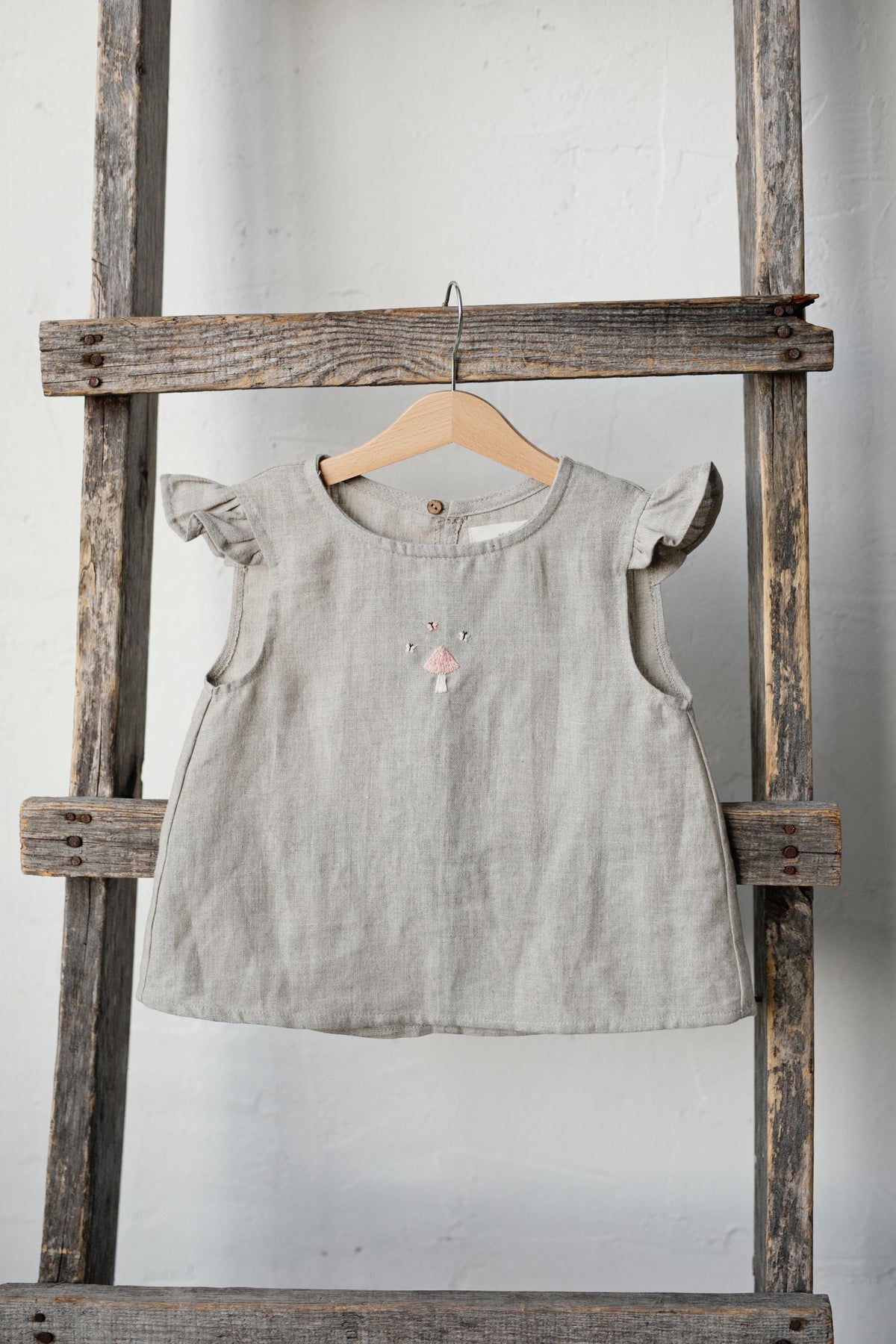 Natural Linen Shirt with Wings, Size 4-5 years, Pink mushroom embroidery (STOCK)