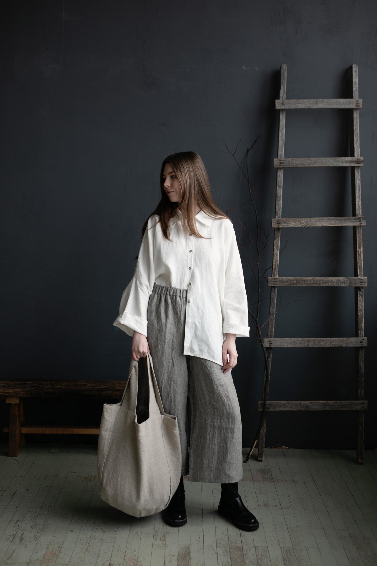 Natural Large Linen Round Bag