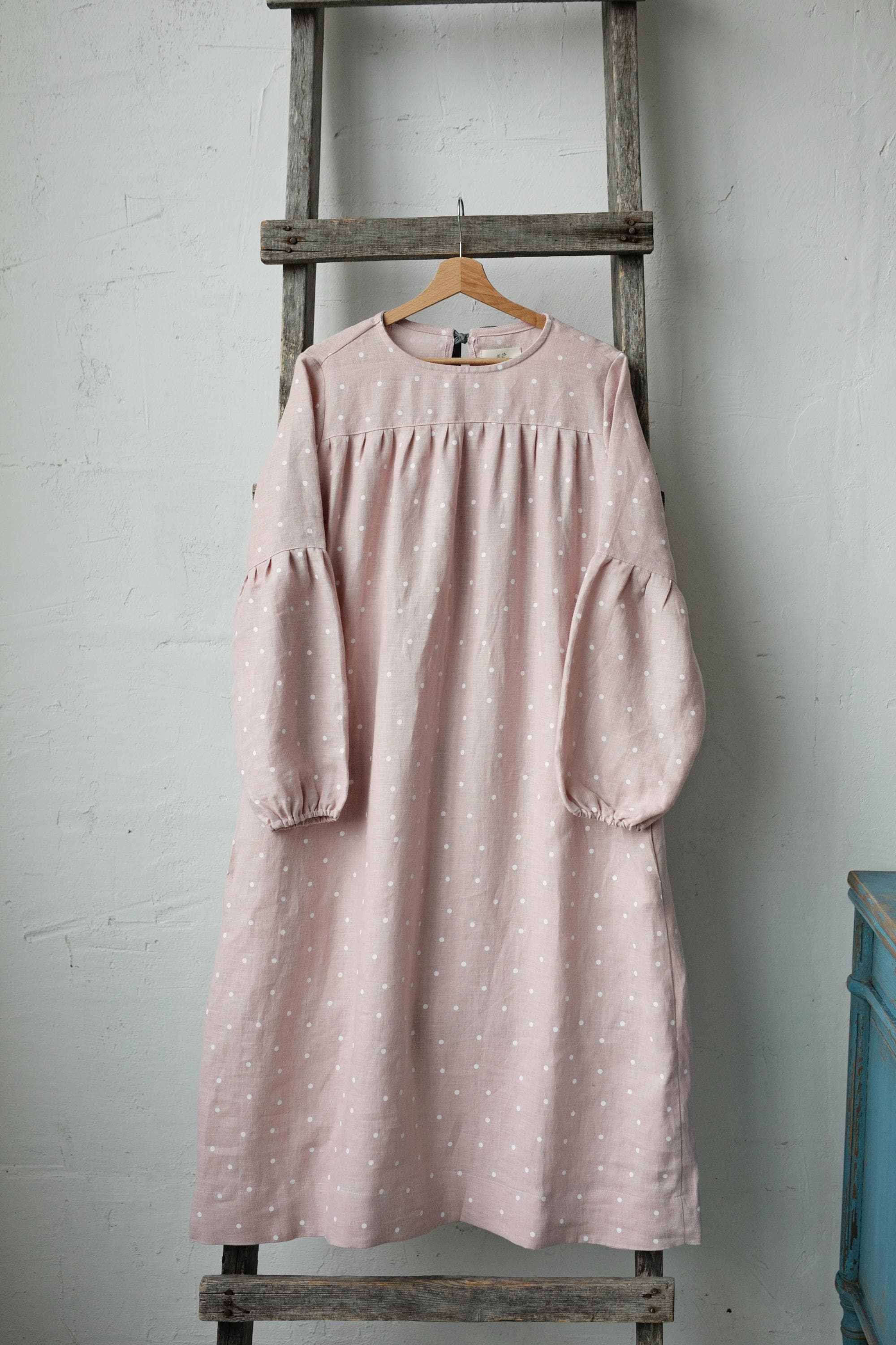Pink Polka Dot Victorian Linen Dress, Size M (STOCK)