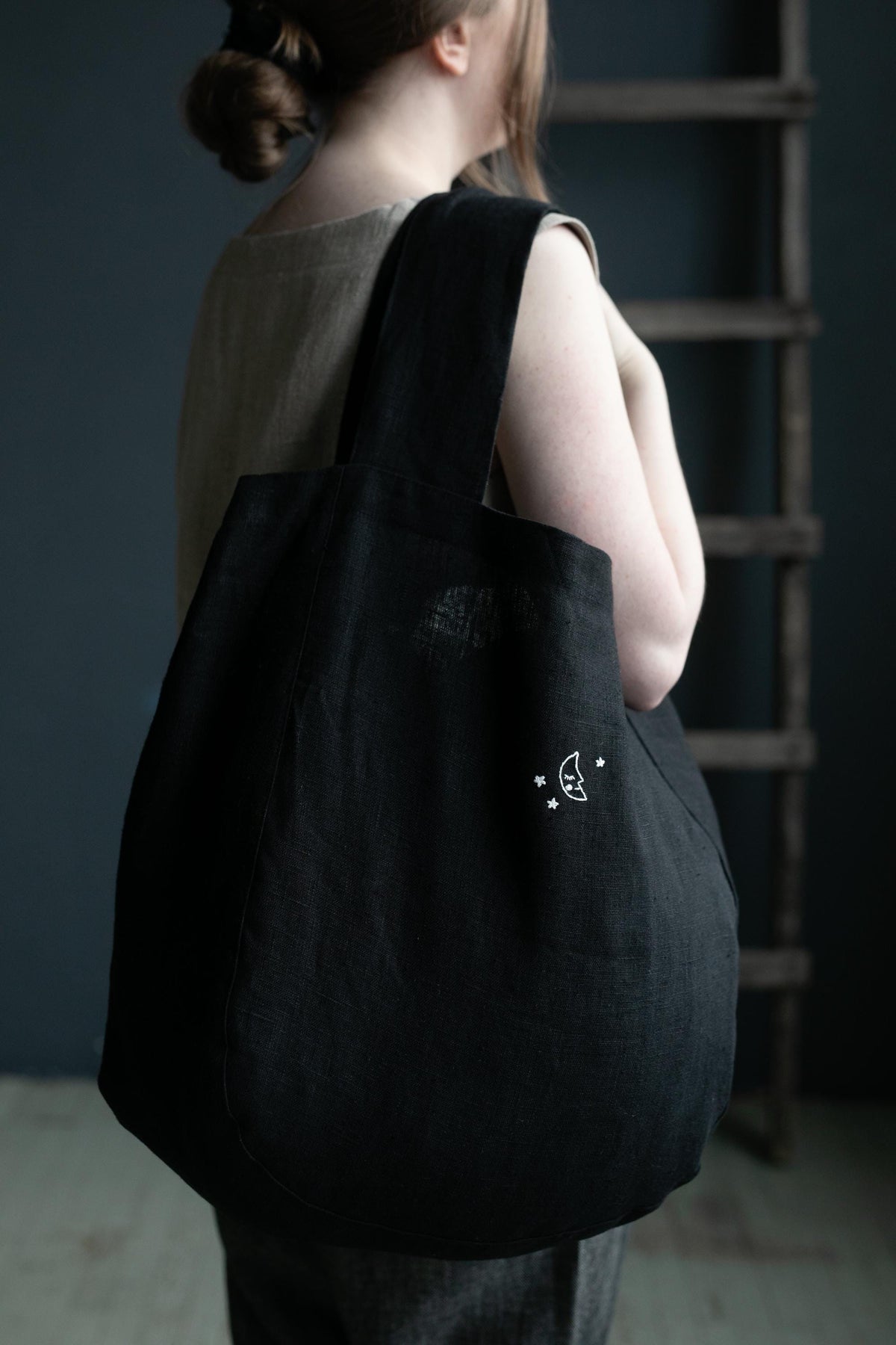 Black Large Linen Round Bag