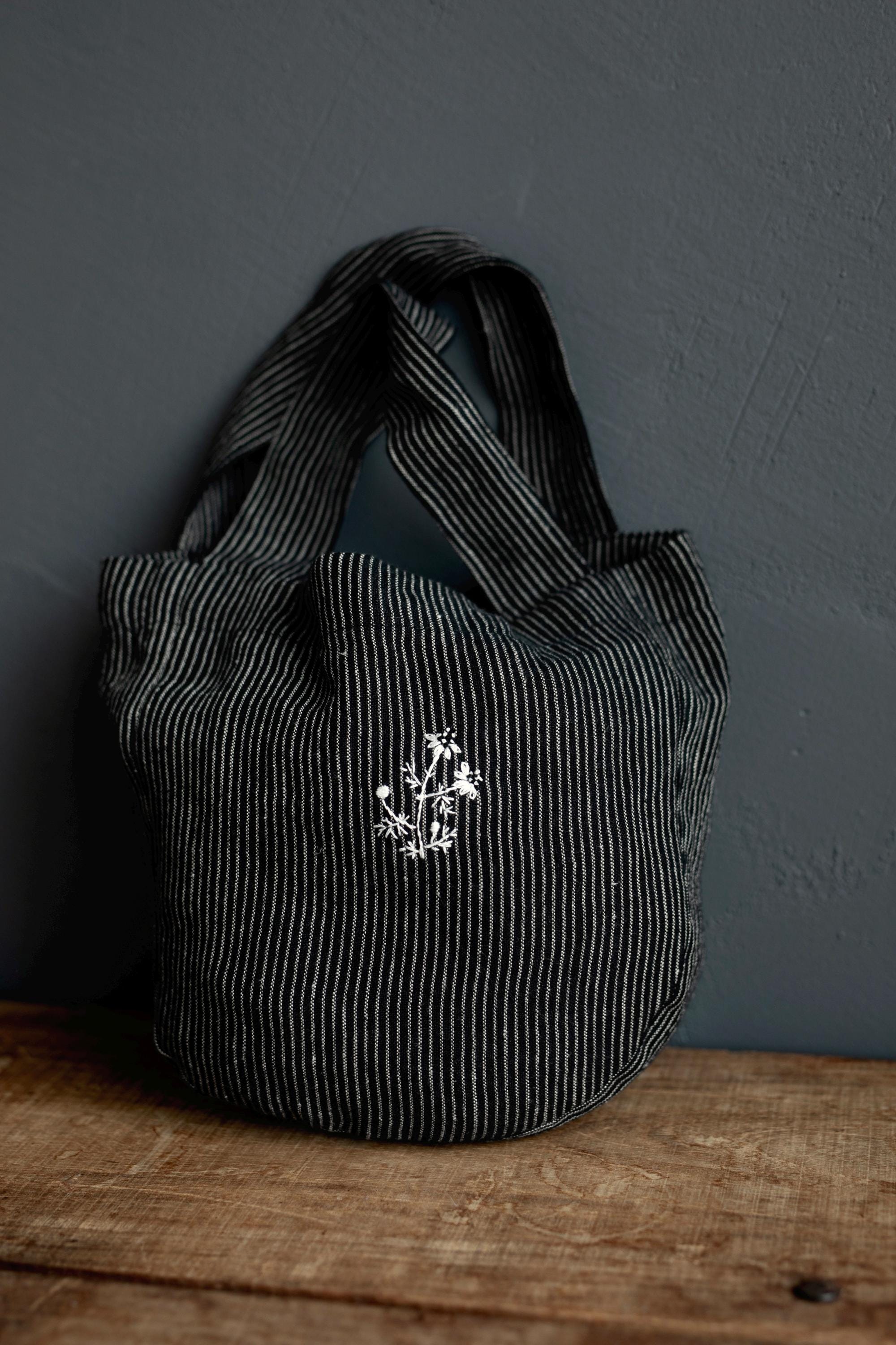 Midnight Stripe Mini Round Linen Bag