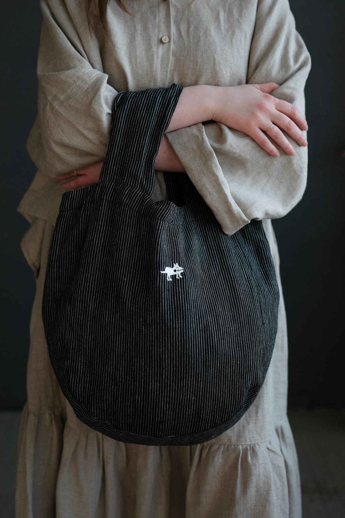 Midnight Stripe Small Round Linen Bag