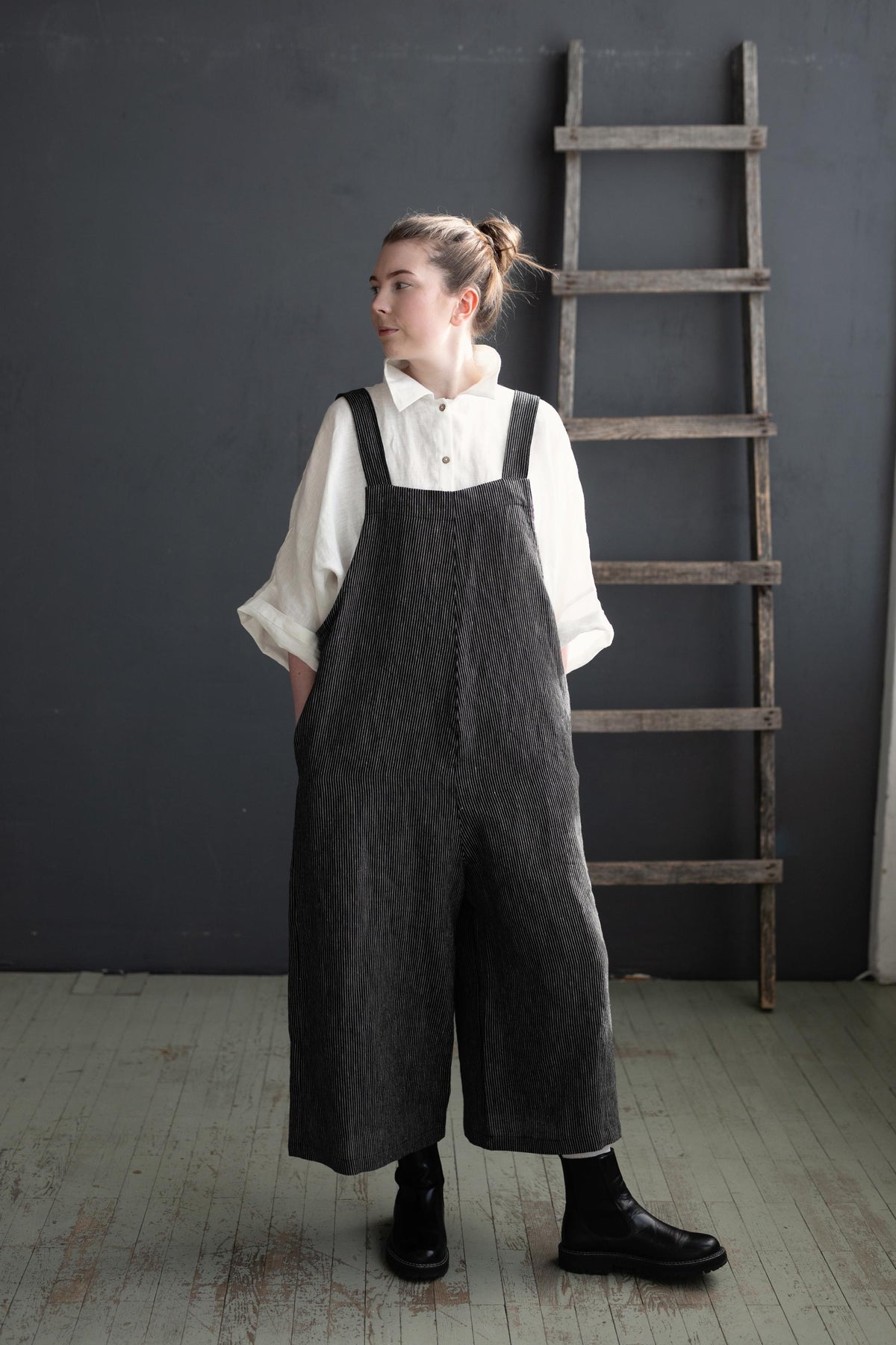 Midnight Stripe Linen Overalls