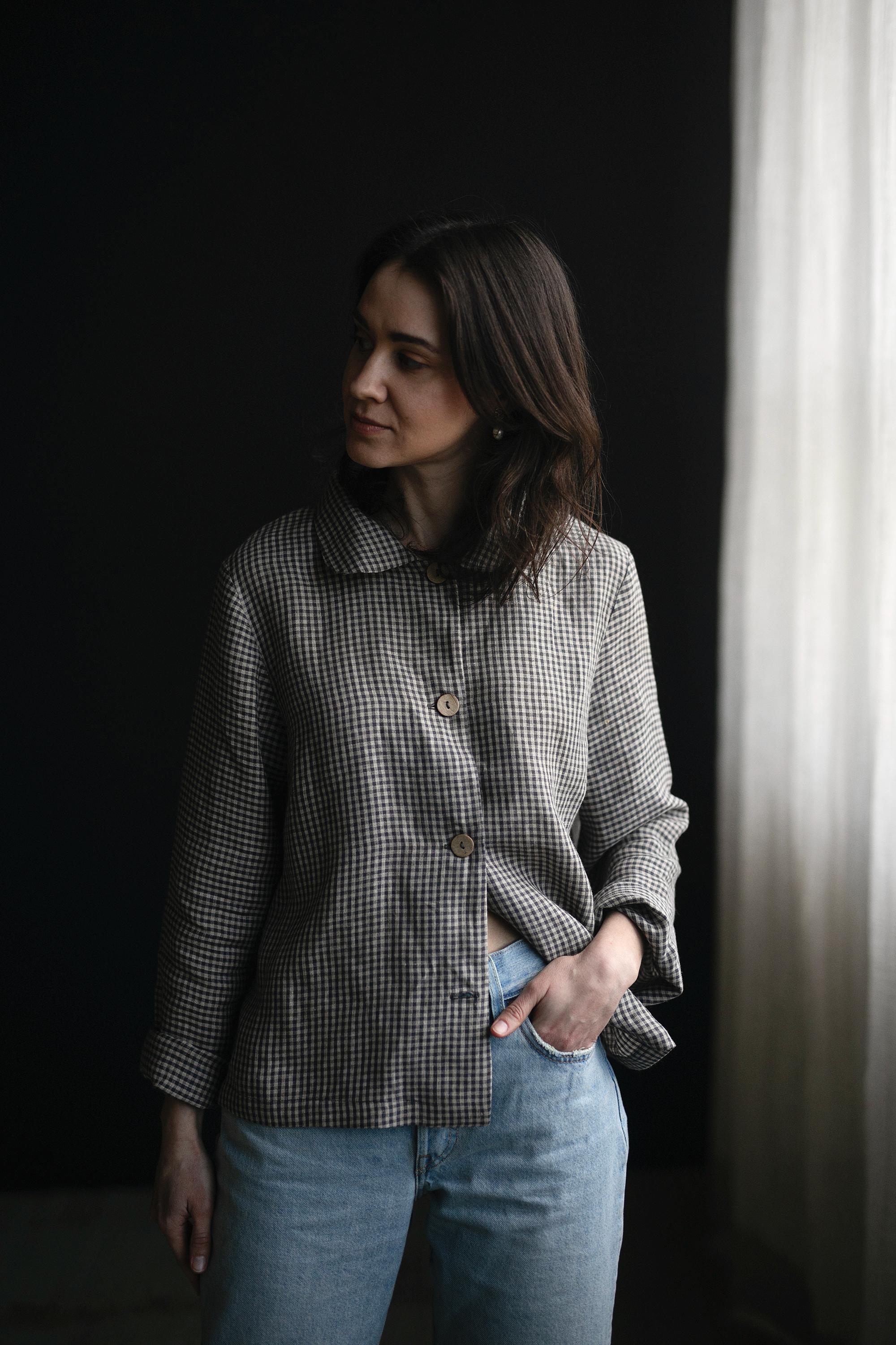 Grey gingham Peter Pan Collar Linen Jacket