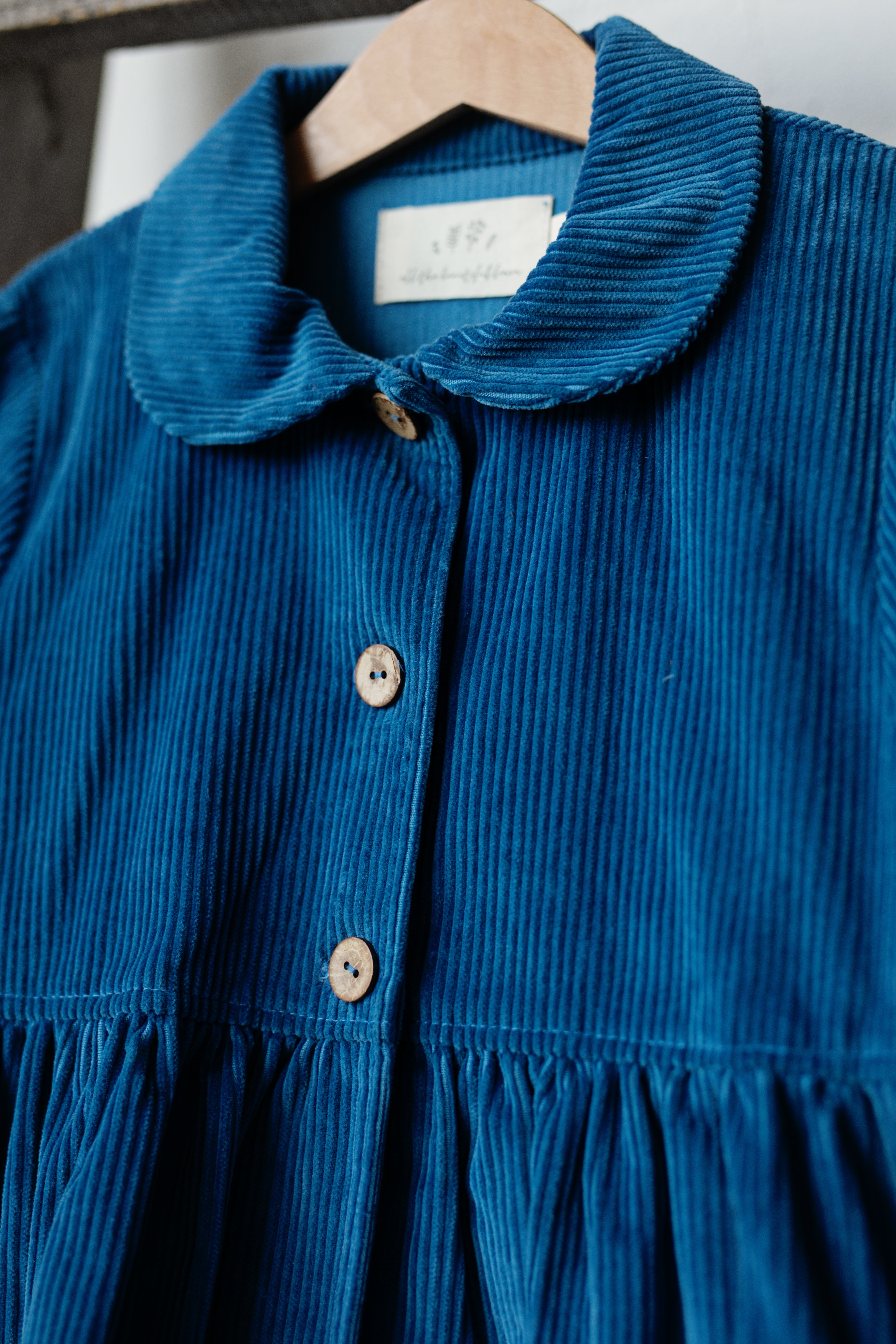 A blue dress with a button-down collar and ruffled hem, hanging on a wooden hanger.