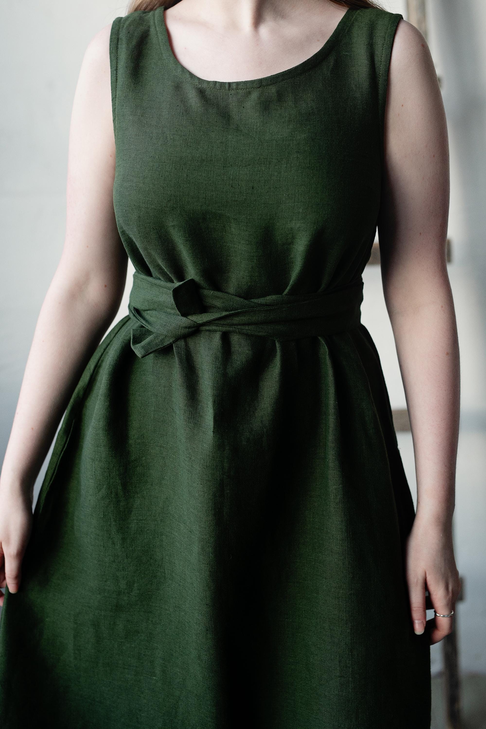 Forest Green Sleeveless Linen Dress, Sizes S &amp; XXL (STOCK)
