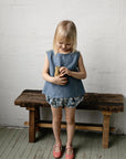 Dusty Blue Ribbon Linen Shirt, 3-4 years, Rabbit on mushrooms embroidery (STOCK)