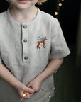 Natural Short Sleeve Button Linen Shirt, 3-4 years, Bambi embroidery (STOCK)