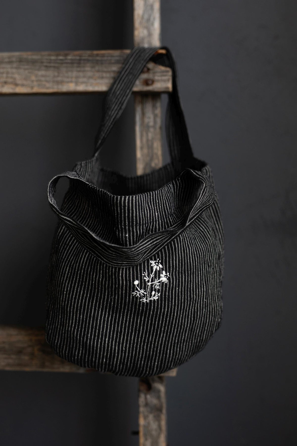 Midnight Stripe Mini Round Linen Bag