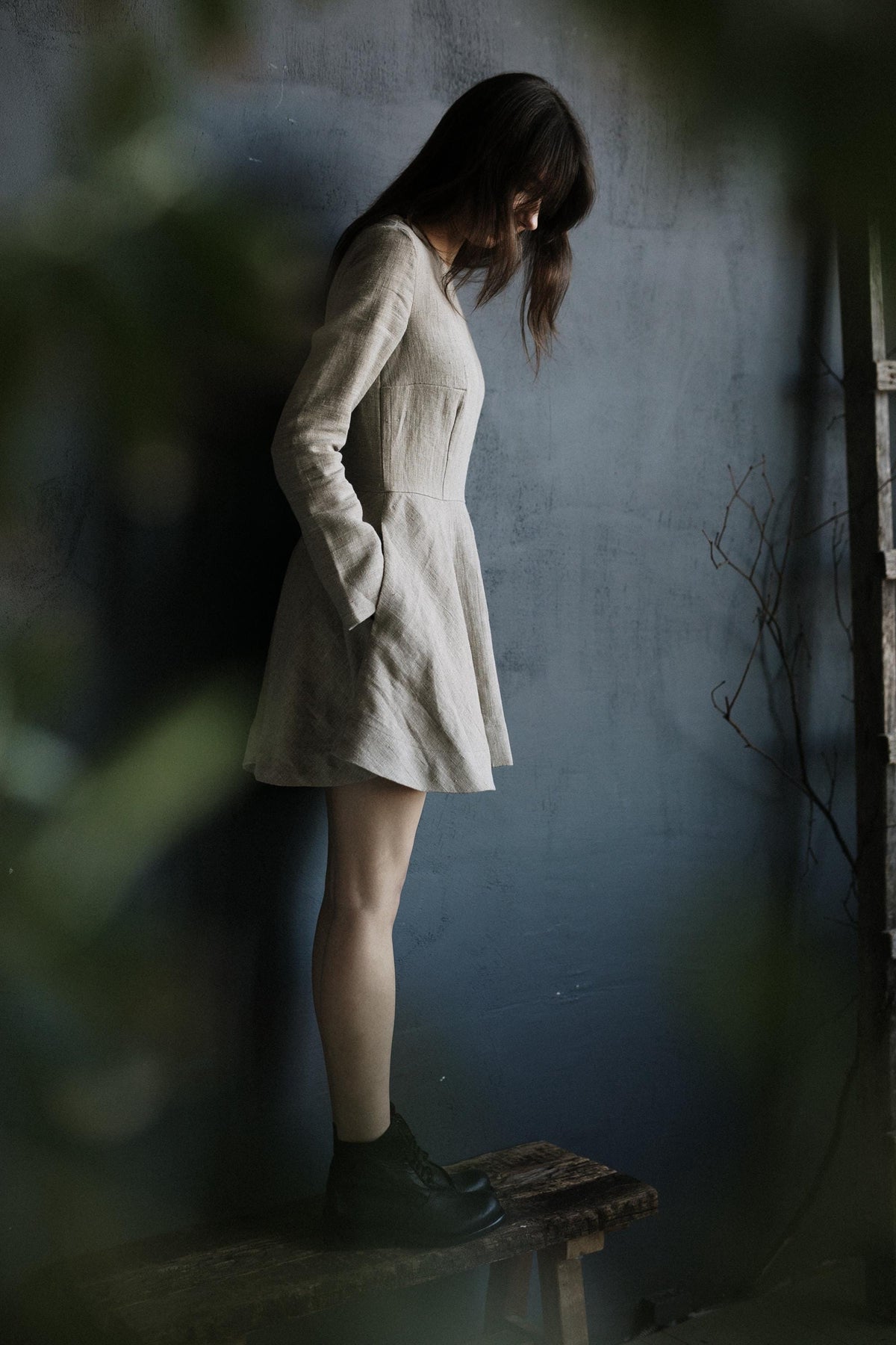 Natural Short Fitted Linen Dress