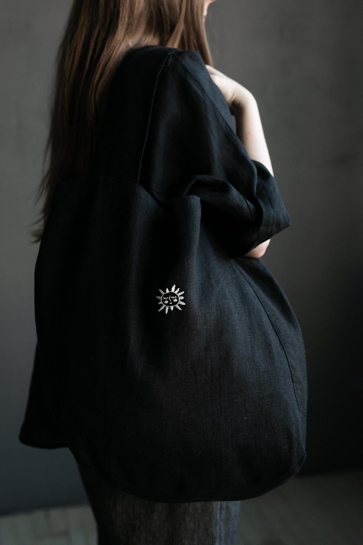 Black Large Linen Round Bag