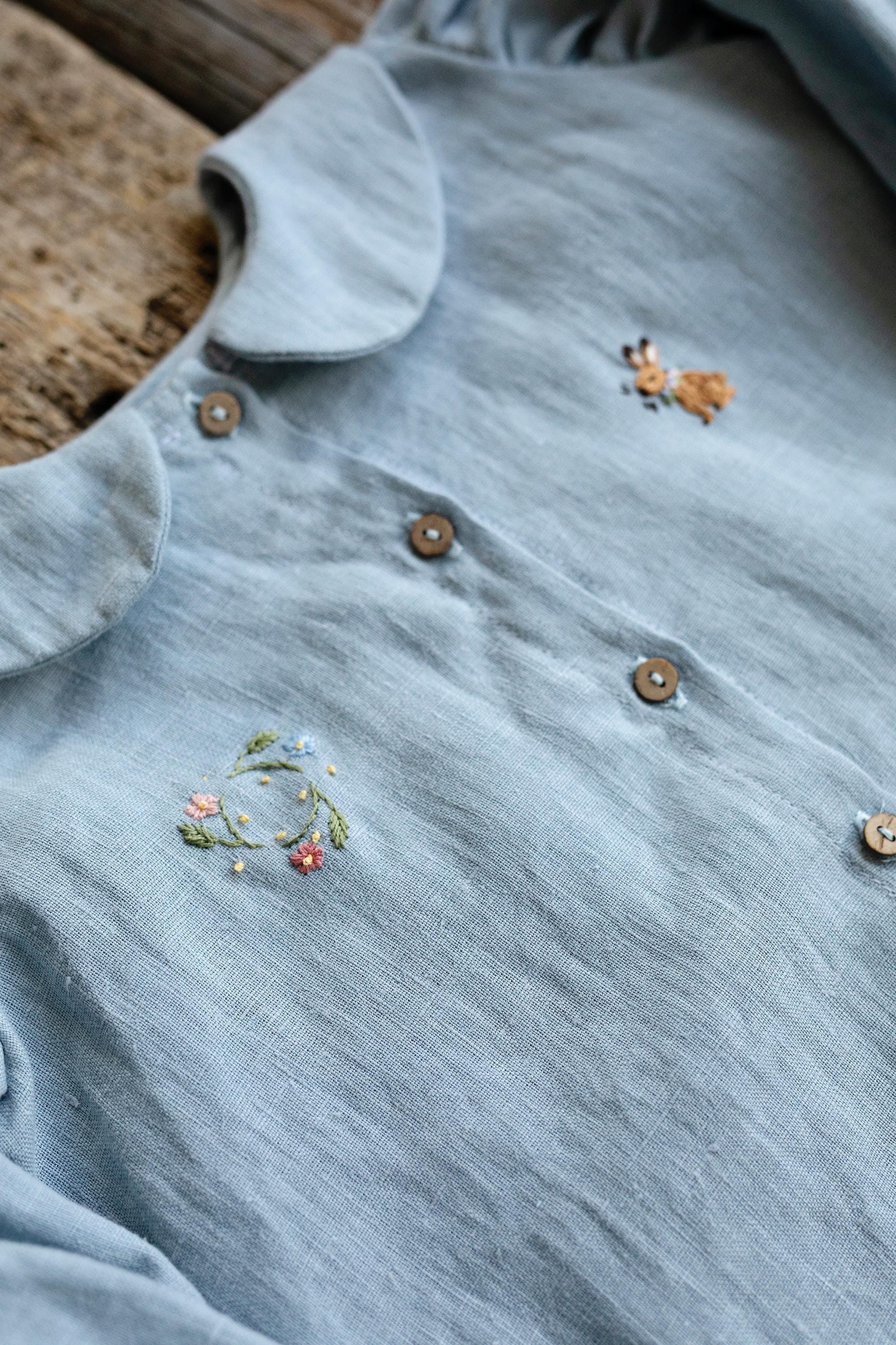 Baby Blue Linen Tunic Dress, 3-4 years, Wreath &amp; spring rabbit embroidery (STOCK)